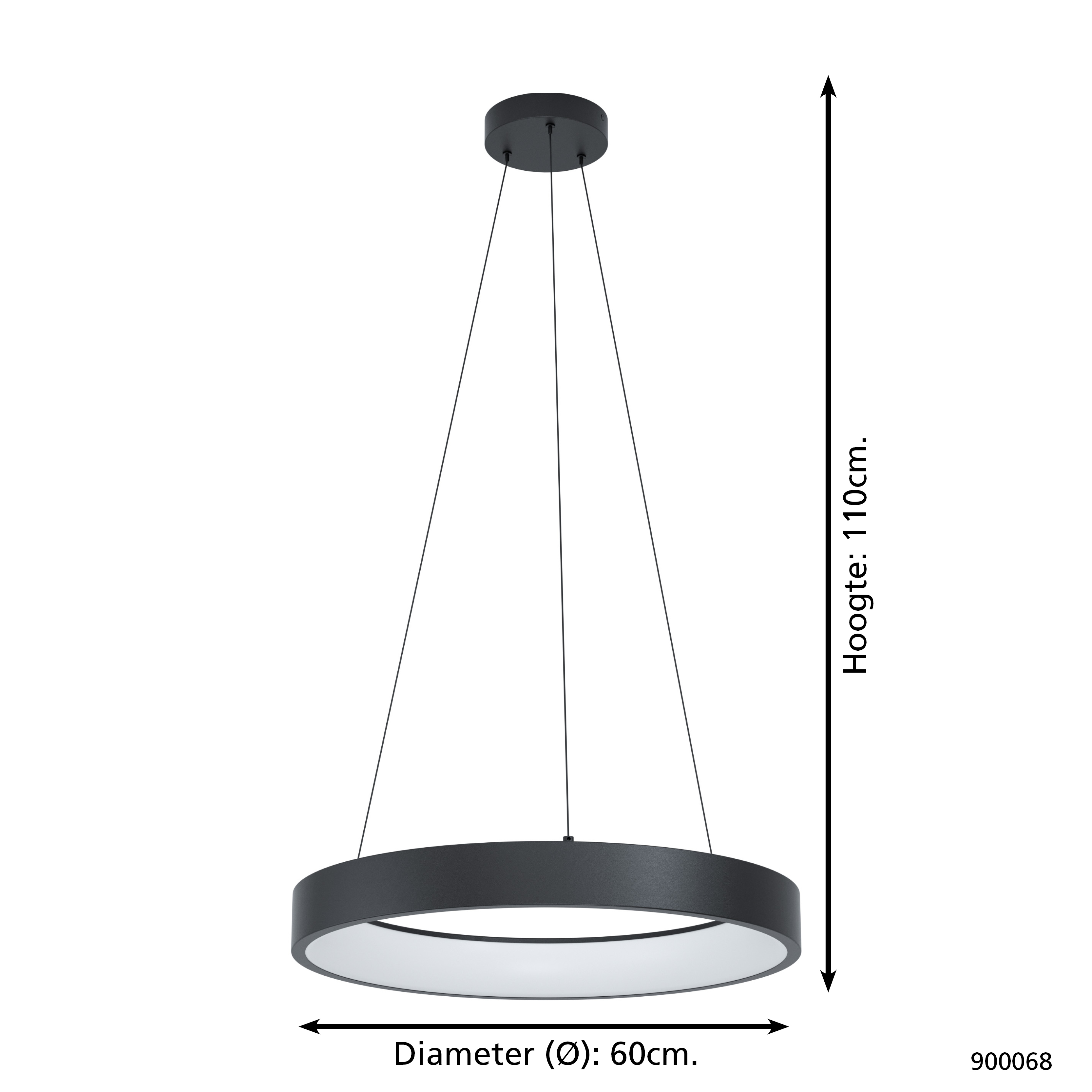 Eine schwarze runde Hängelampe mit Maßen. Der Durchmesser beträgt 60 cm, die Höhe 110 cm. Die Lampe wird von drei dünnen schwarzen Drähten abgehängt.