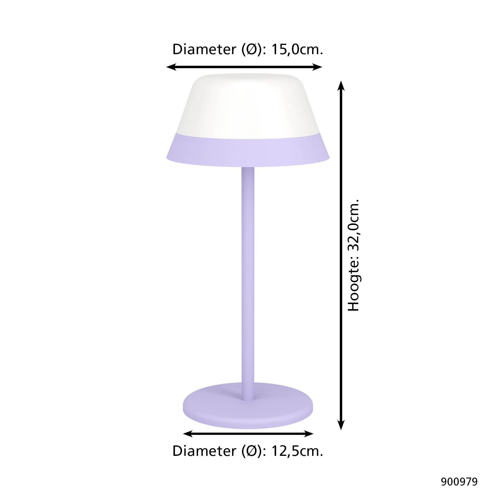 Eine lila Tischlampe mit weißem Lampenschirm. Abmessungen und Größenangaben sind ebenfalls im Bild vorhanden.