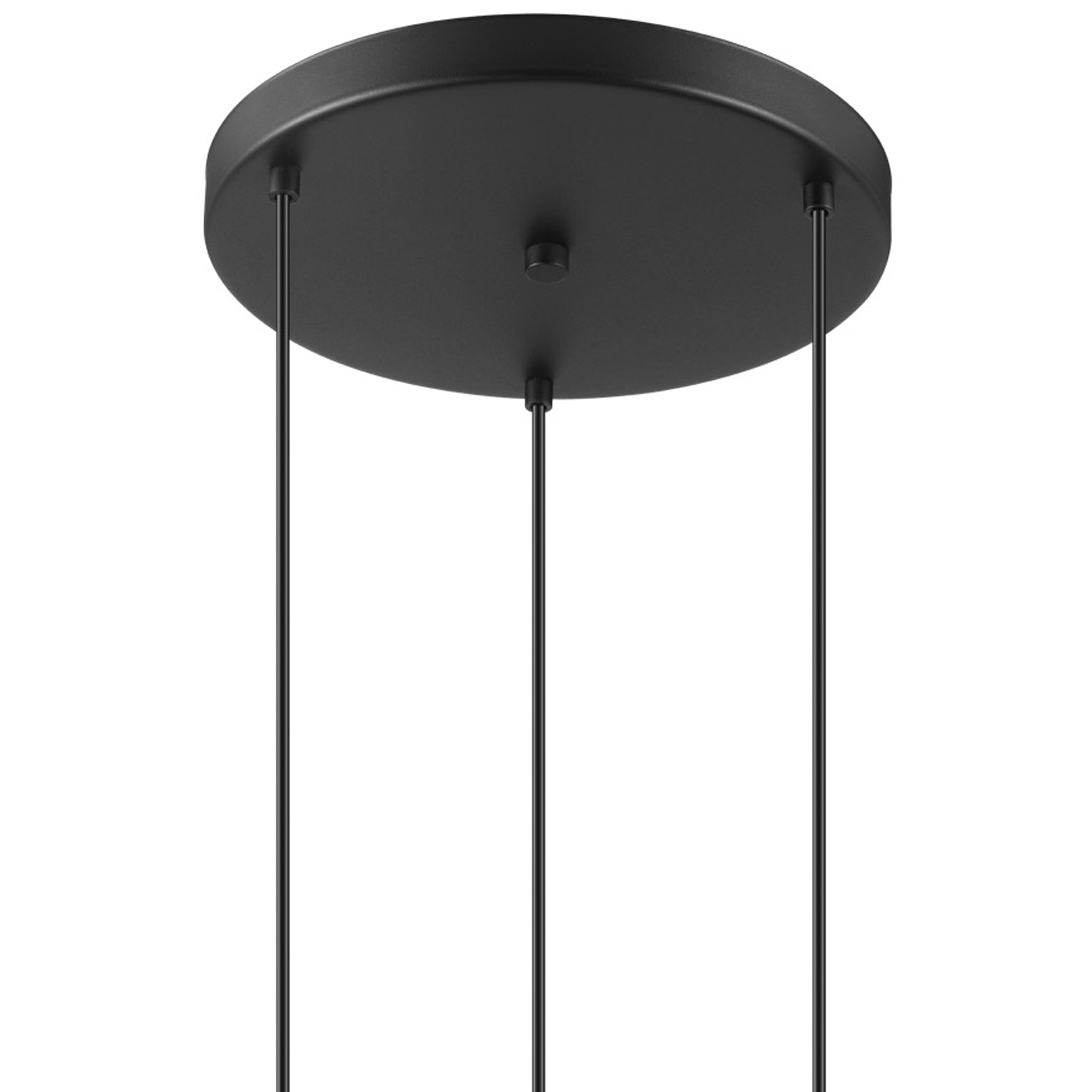 Un apparecchio di illuminazione a soffitto nero. Una base circolare nera con tre fili neri.