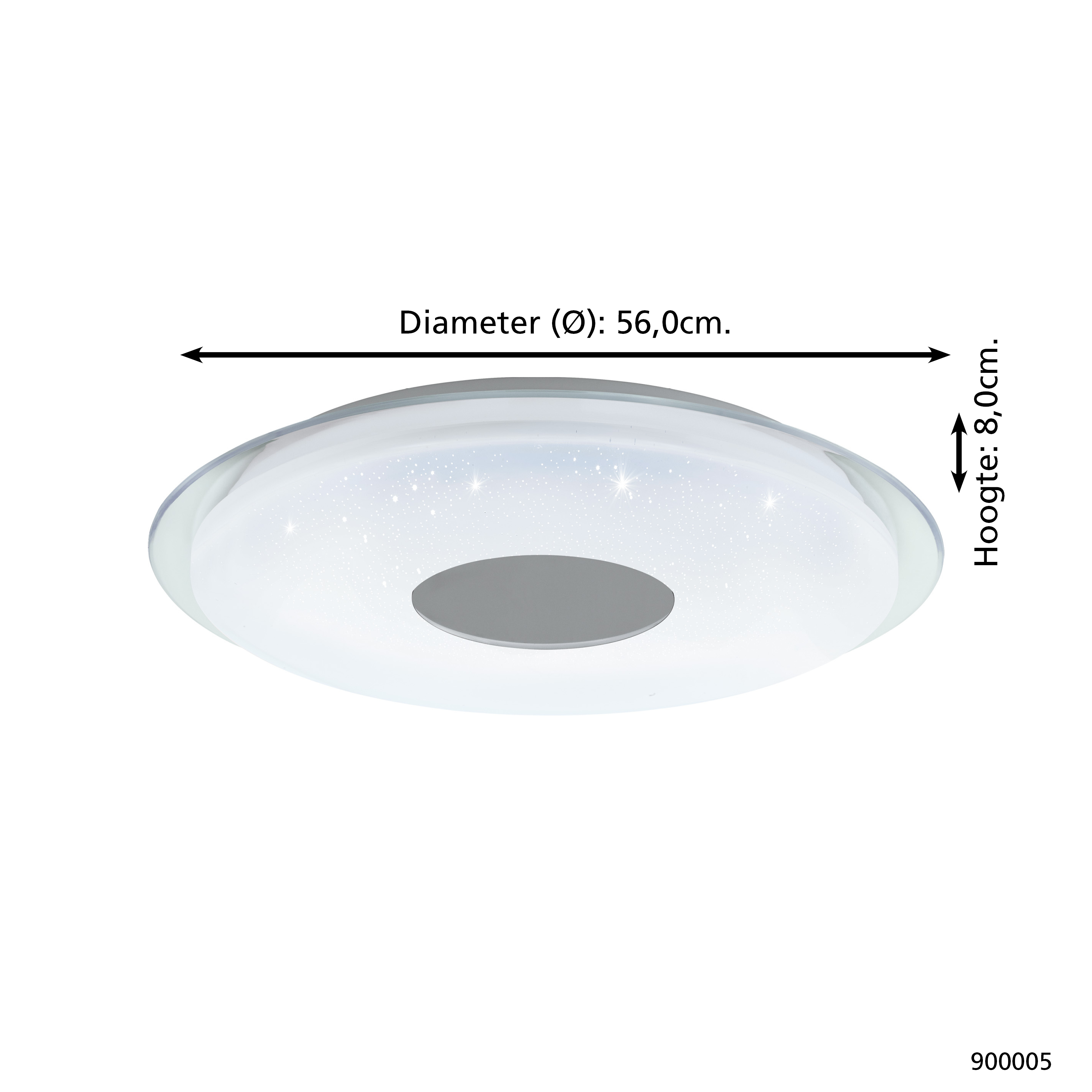 Eine weiße, runde Deckenlampe mit grauem Mittelteil. Maße: Durchmesser 56,0 cm, Höhe 8,0 cm.