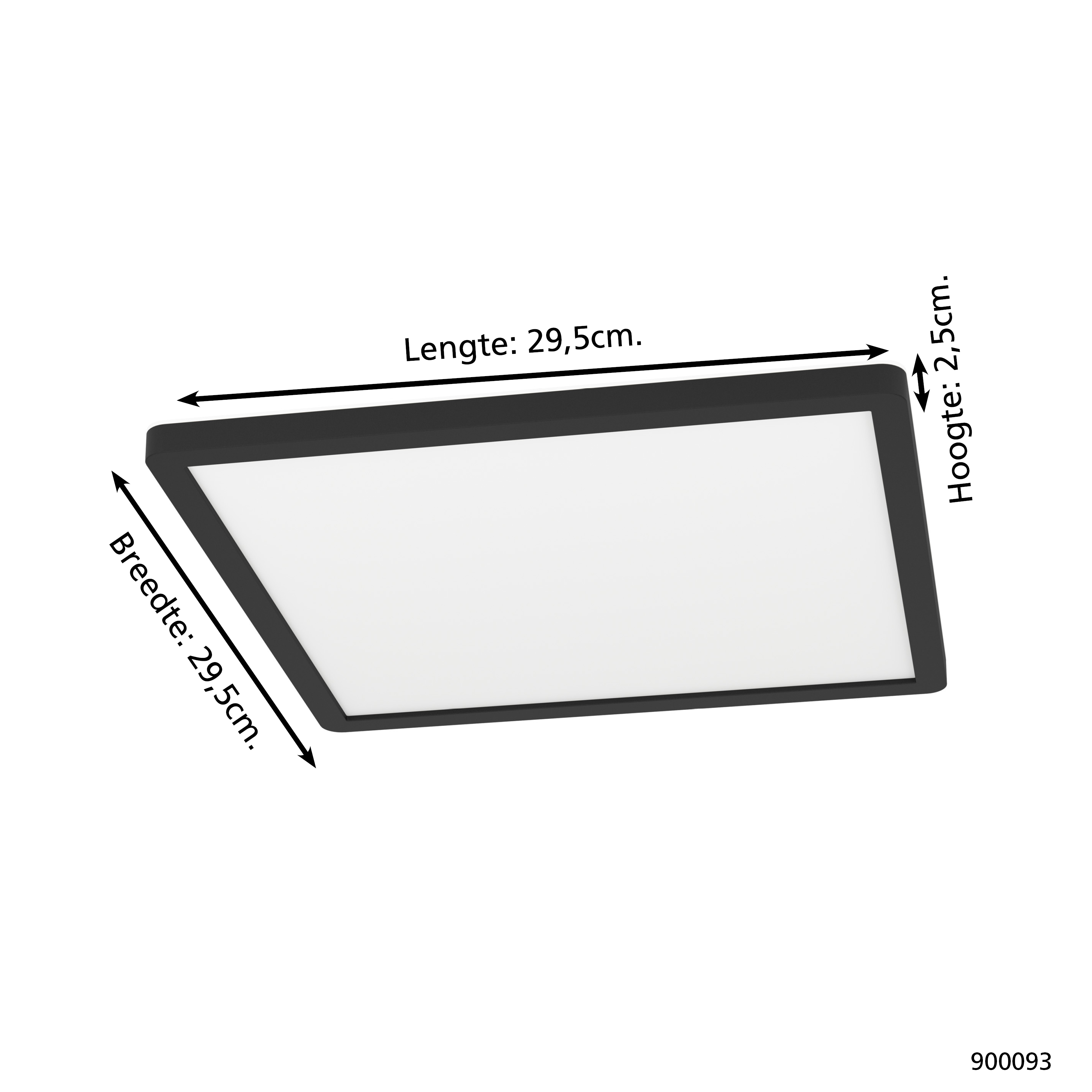 Eine rechteckige LED-Deckenleuchte mit schwarzem Rahmen. Abmessungen sind beschriftet. Das Licht ist auf weißem Hintergrund.