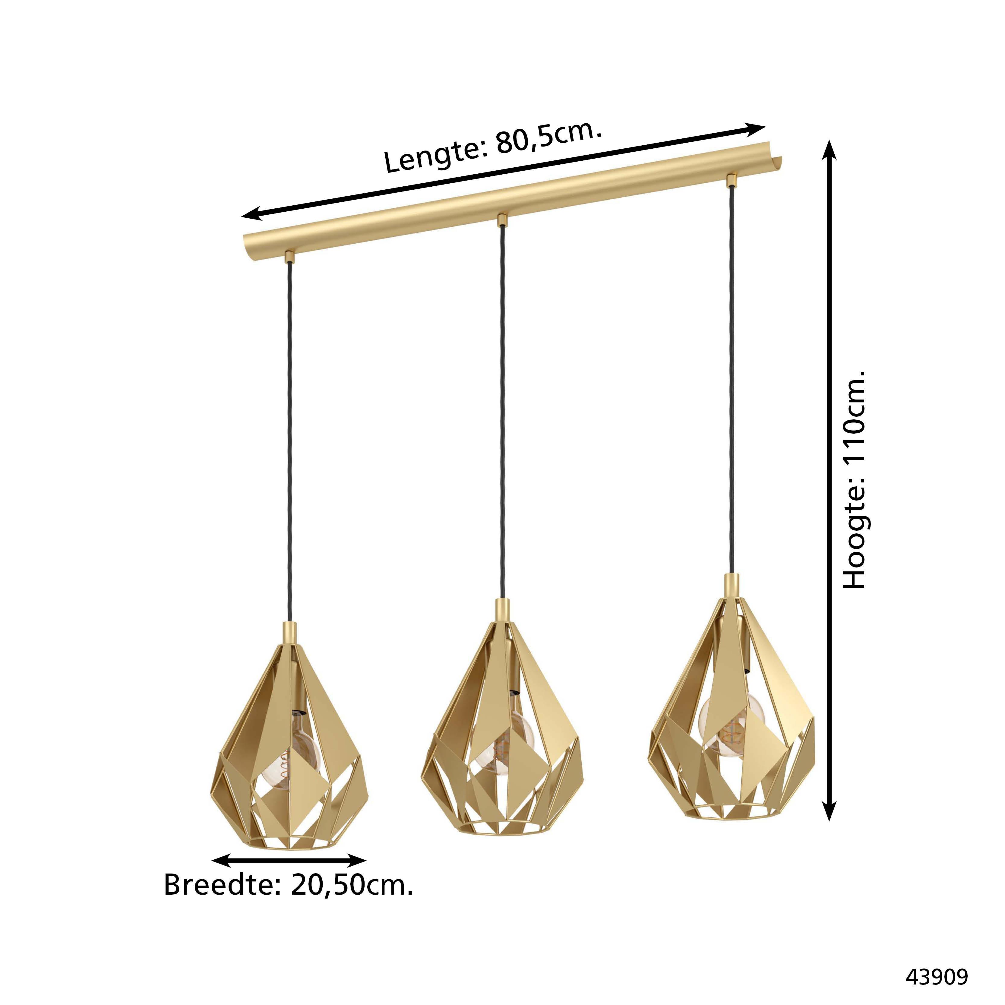 Eine goldfarbene Deckenlampe mit drei geometrischen Schirmen hängt an einer horizontalen Stange, auf weißem Hintergrund. Abmessungen sind angegeben.