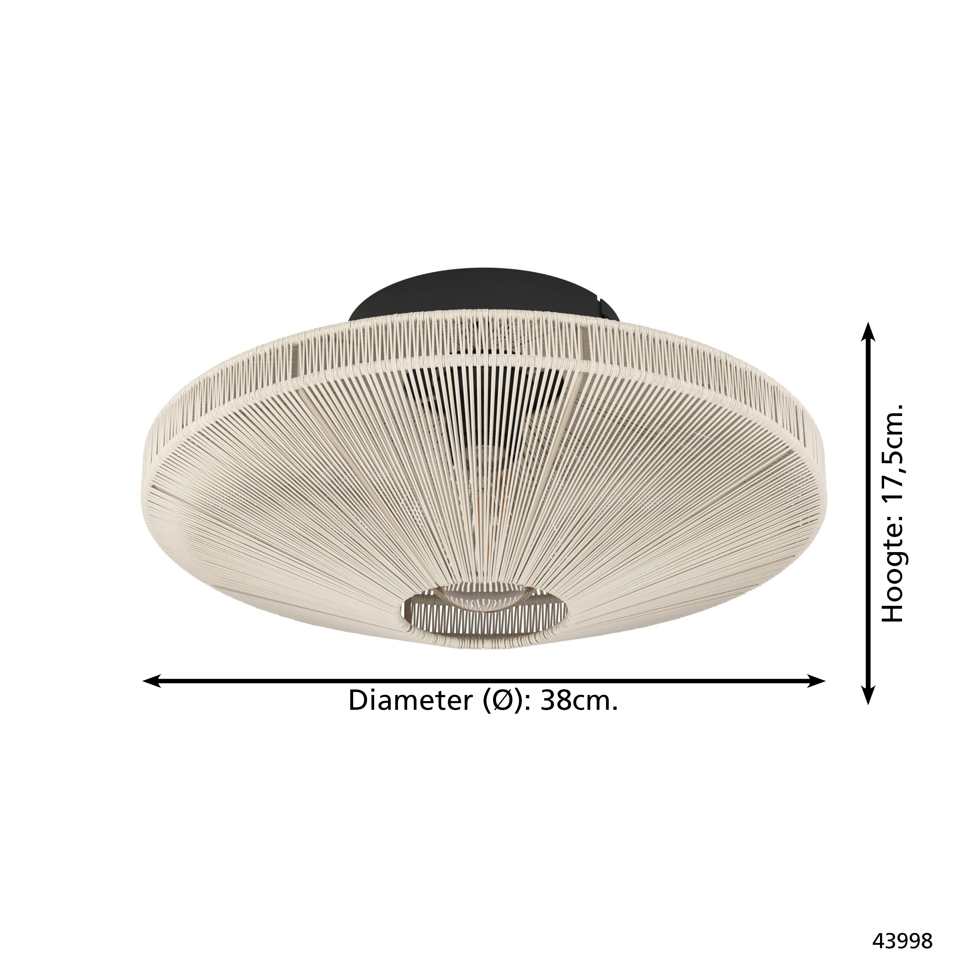 Una lampada da soffitto beige intrecciata con la parte superiore nera. Diametro 38 cm, altezza 17,5 cm. Testo in basso a destra.