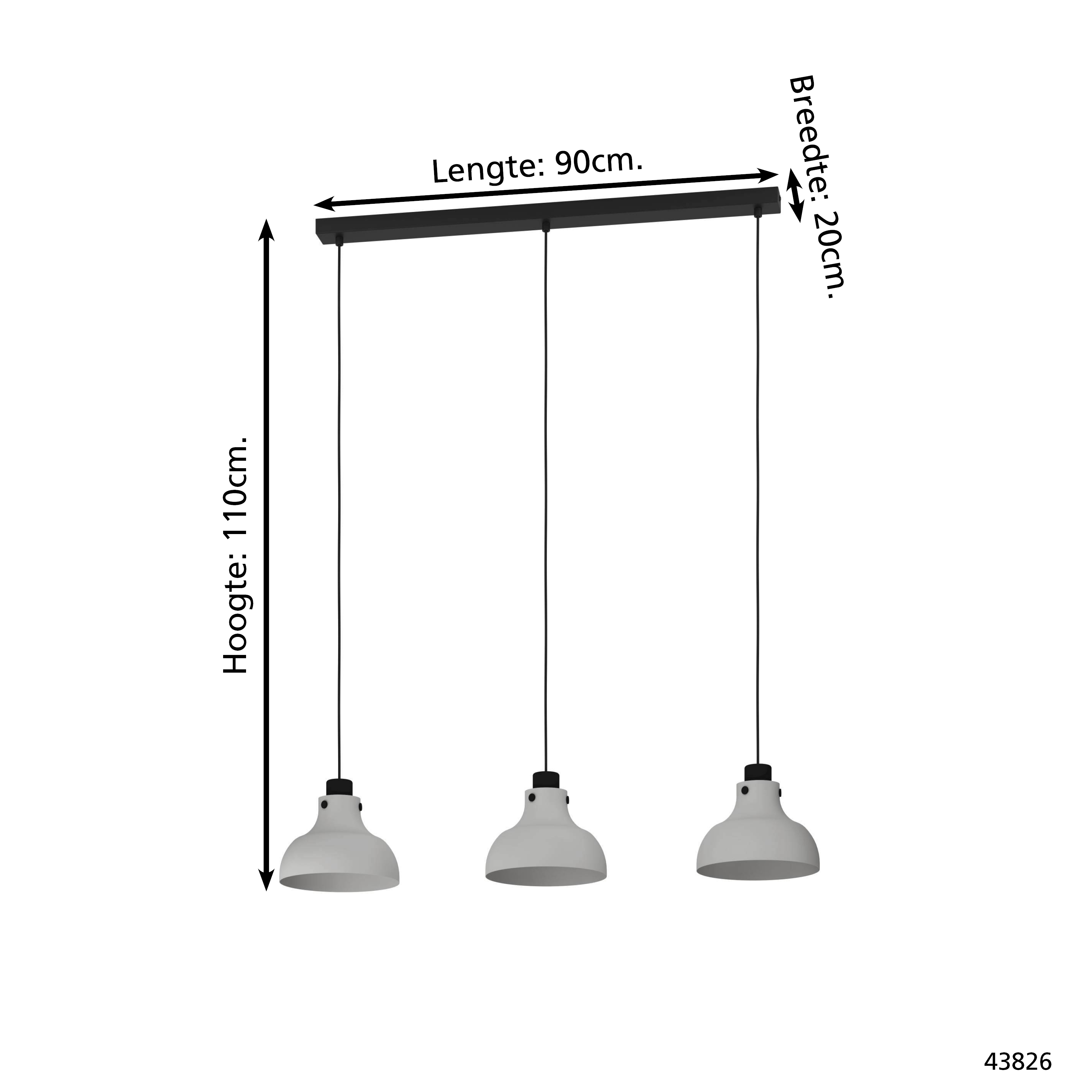 Hängeleuchte mit drei Lampenschirmen, grauen Schirmen, schwarzen Stangen, und einer schwarzen Basis.