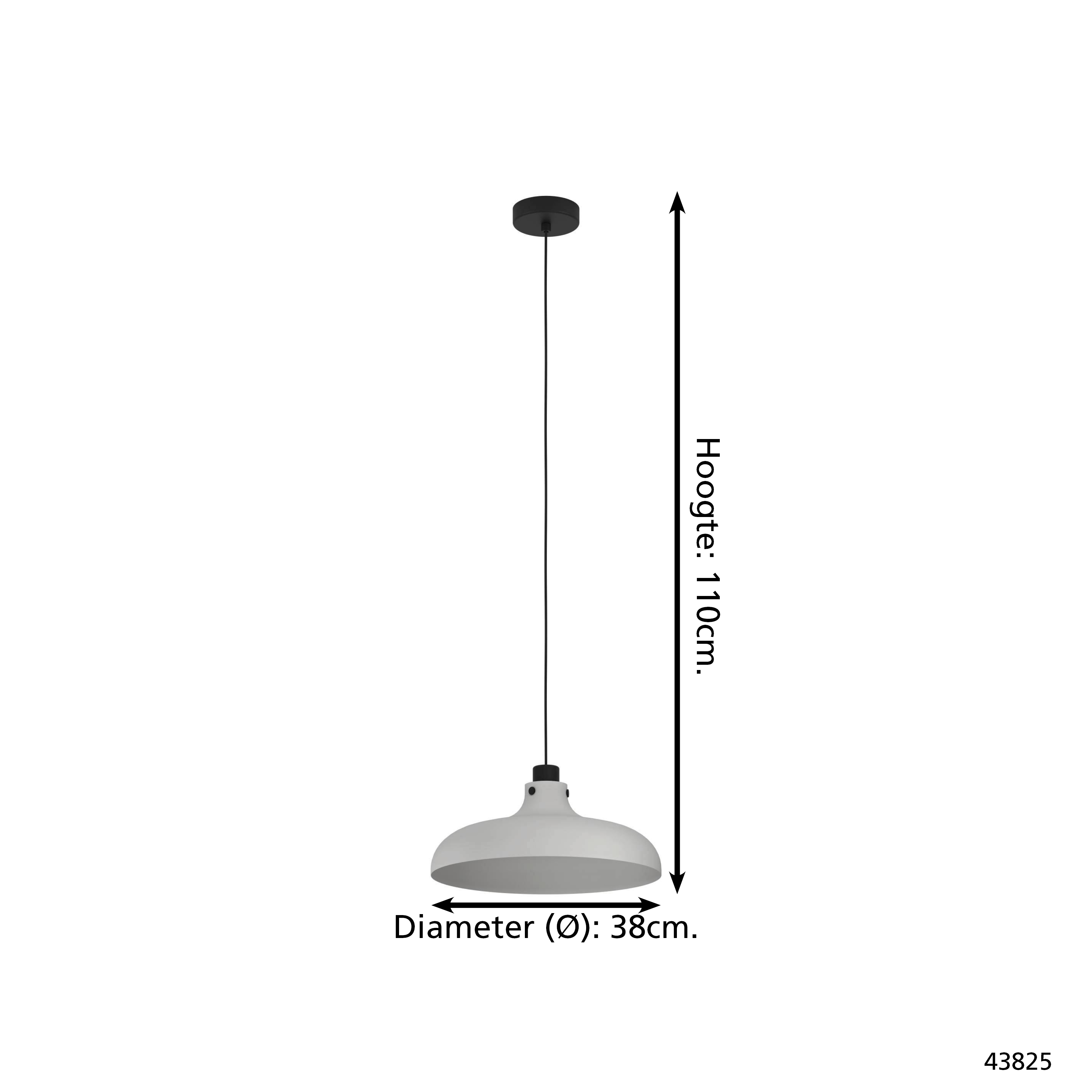 Eine Pendelleuchte mit schwarzem Deckenanschluss und hellgrauem Lampenschirm. Die Höhe beträgt 110 cm, der Durchmesser 38 cm.