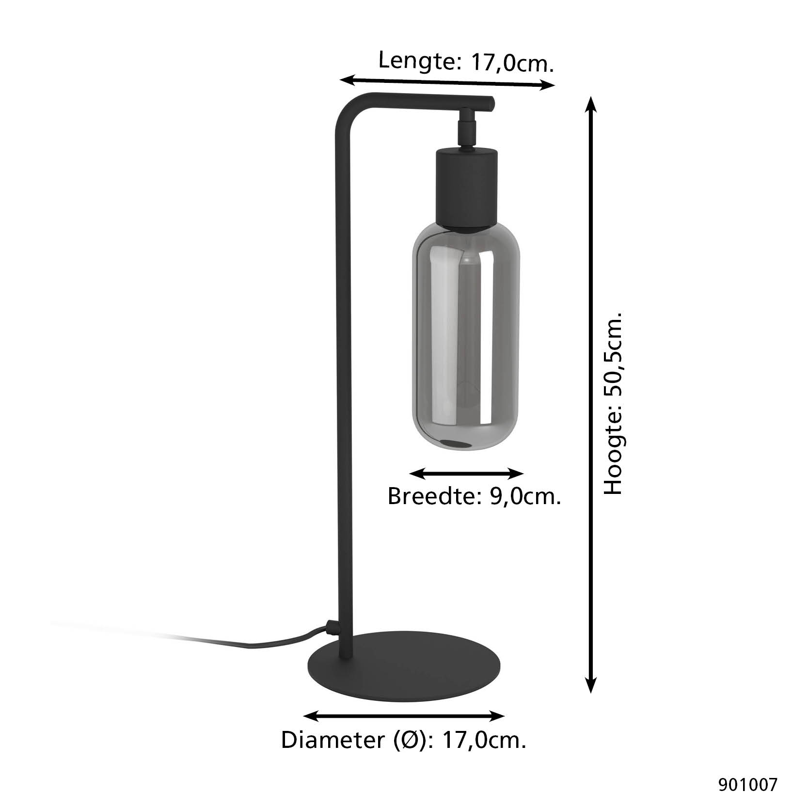 Una lampada nera con base rotonda e paralume in vetro. Le dimensioni sono indicate con frecce.