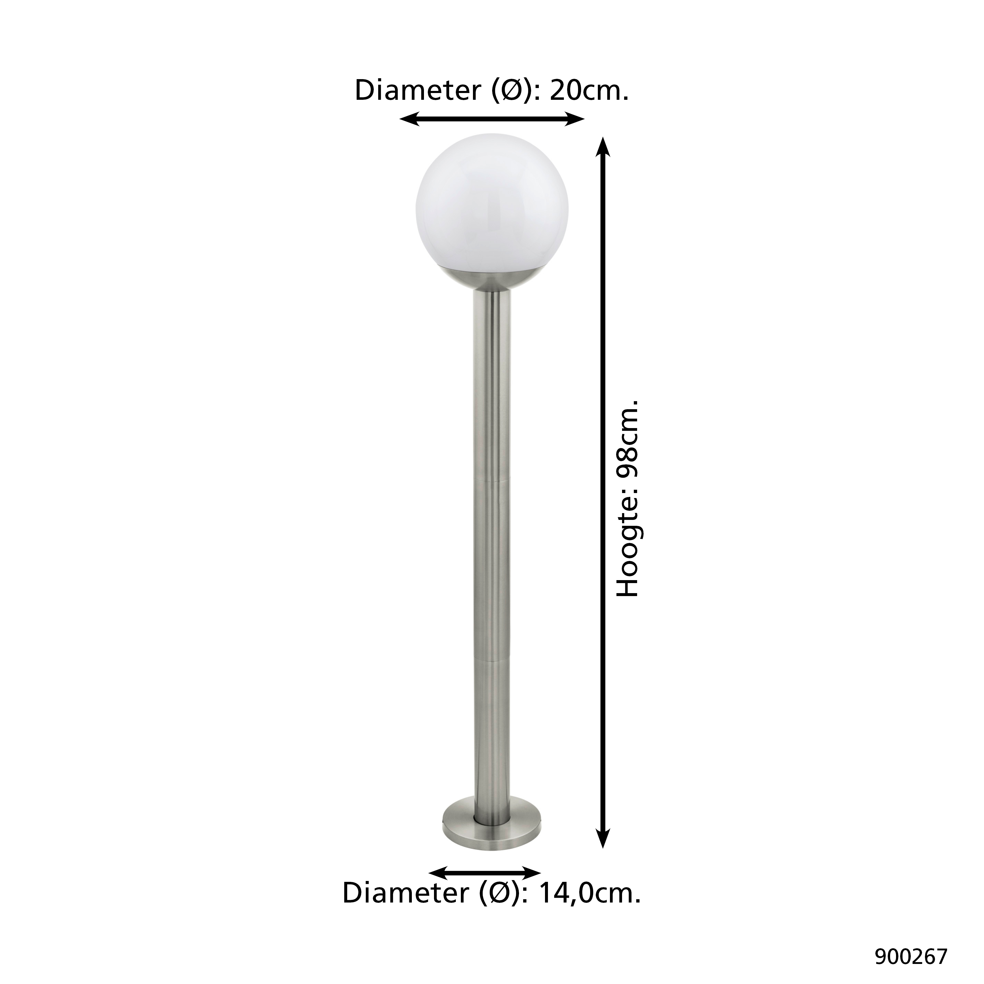 Eine Außenlampe aus Edelstahl. Sie hat eine weiße Kugel oben, eine lange Stange und einen runden Sockel. Abmessungen sind angegeben.