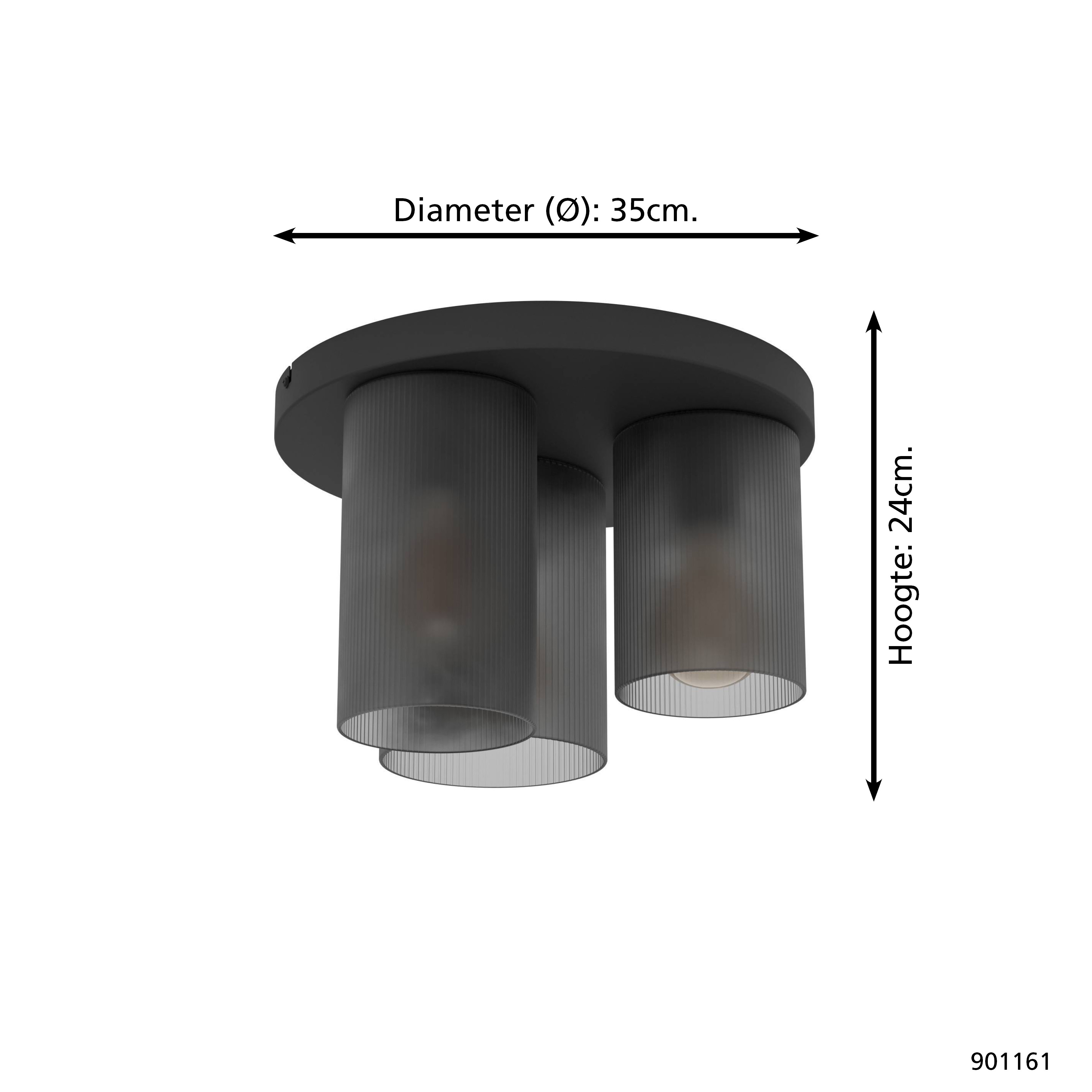 Lampada da soffitto nera con tre paralumi cilindrici. Dimensioni: 35cm diametro, 24cm altezza.