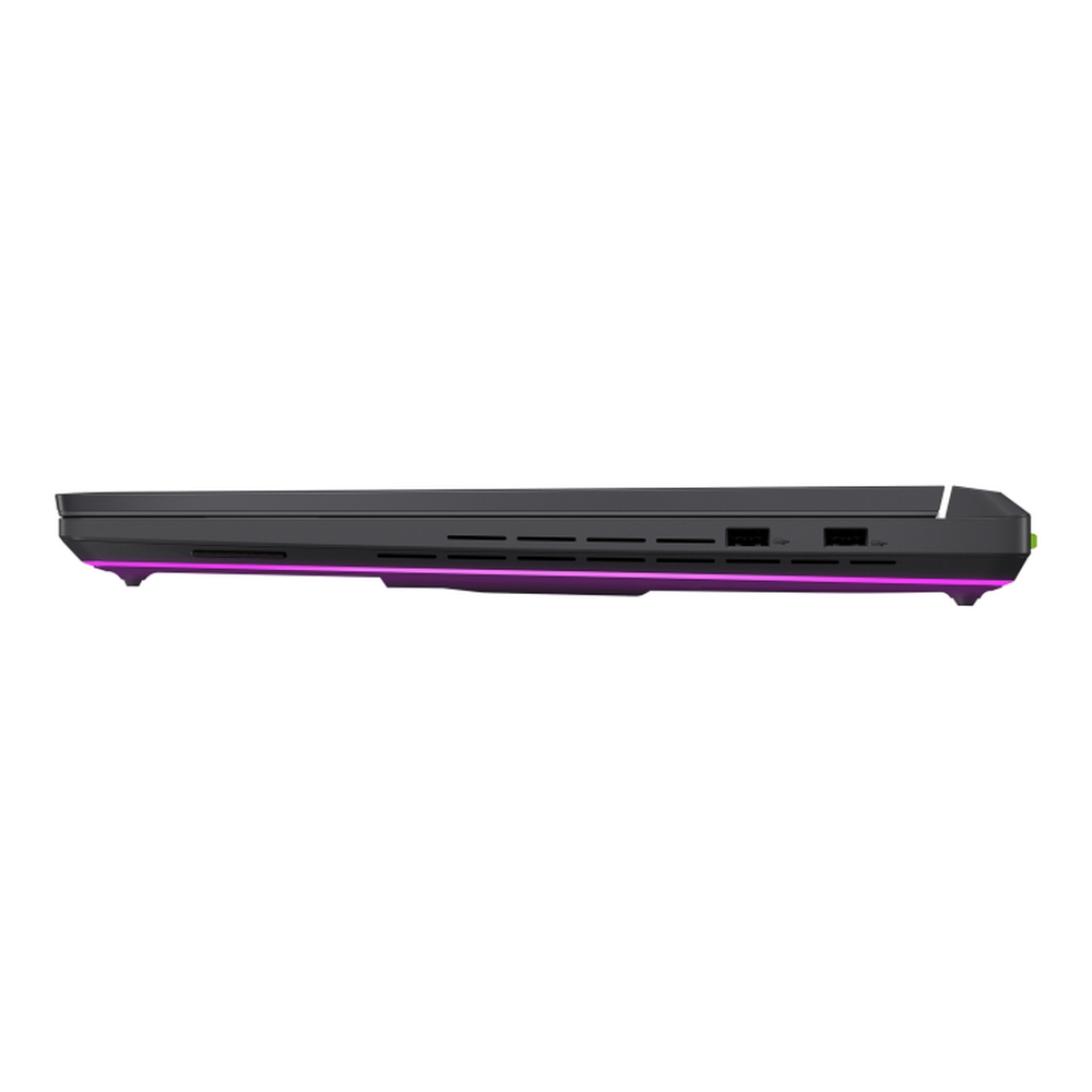 Vista laterale di un laptop nero con dettagli rosa e verdi. Le porte sono visibili. Il laptop è su sfondo bianco.