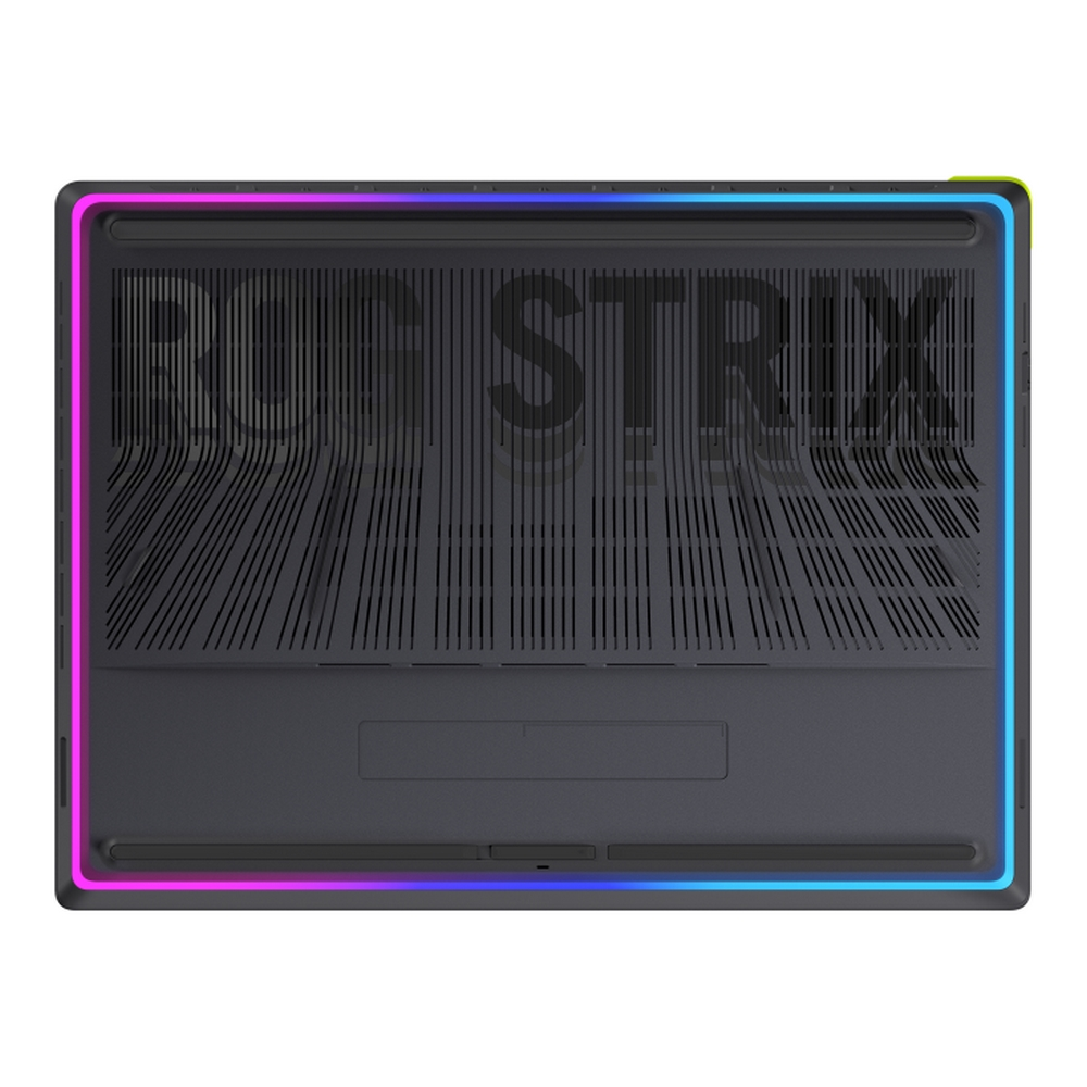 Vista dall'alto di un laptop grigio scuro. È visibile la scritta 'ROG STRIX'. Ha un bordo LED colorato.