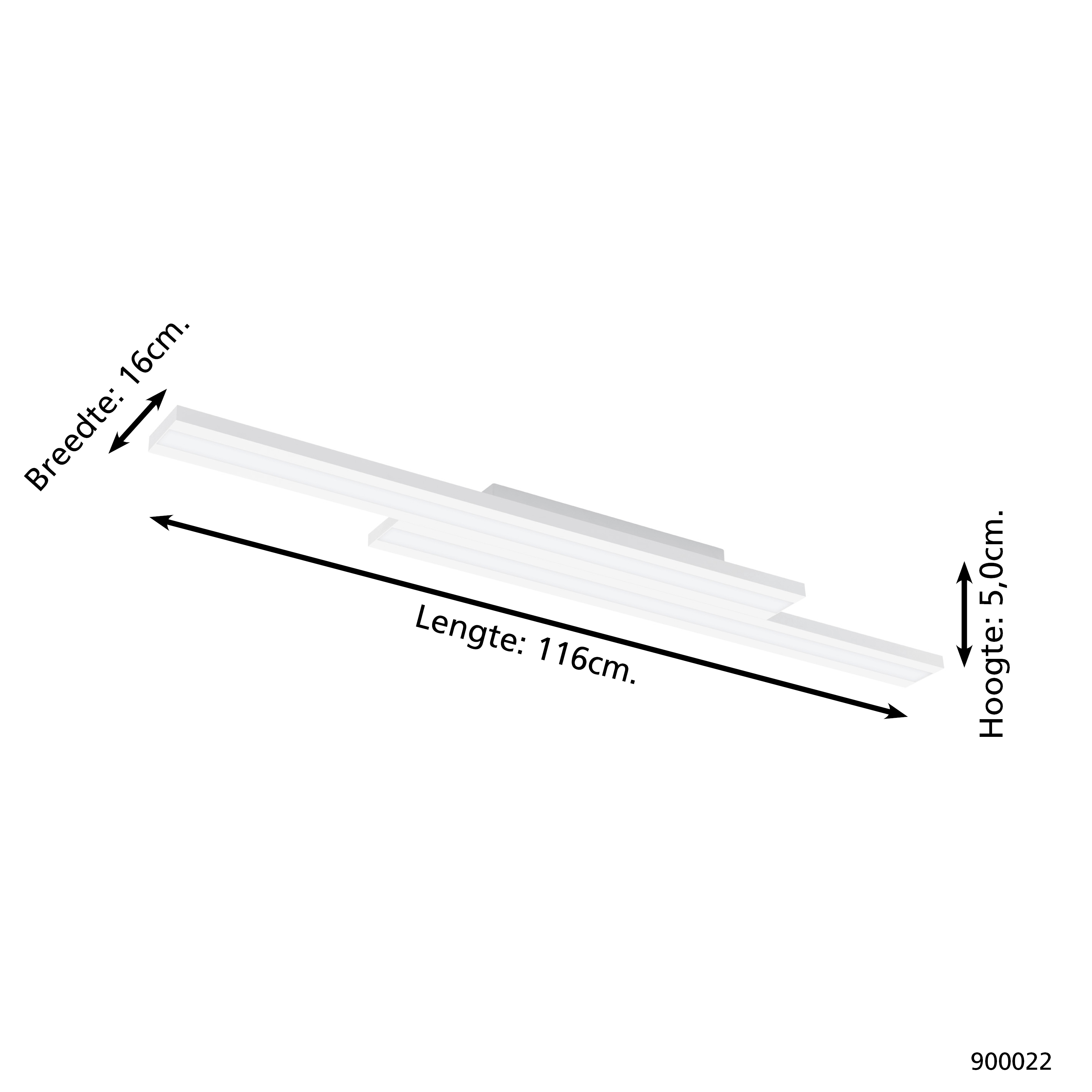 Una luminaria rectangular blanca con dimensiones etiquetadas. Mide 116 cm de largo, 16 cm de ancho y 5 cm de alto.