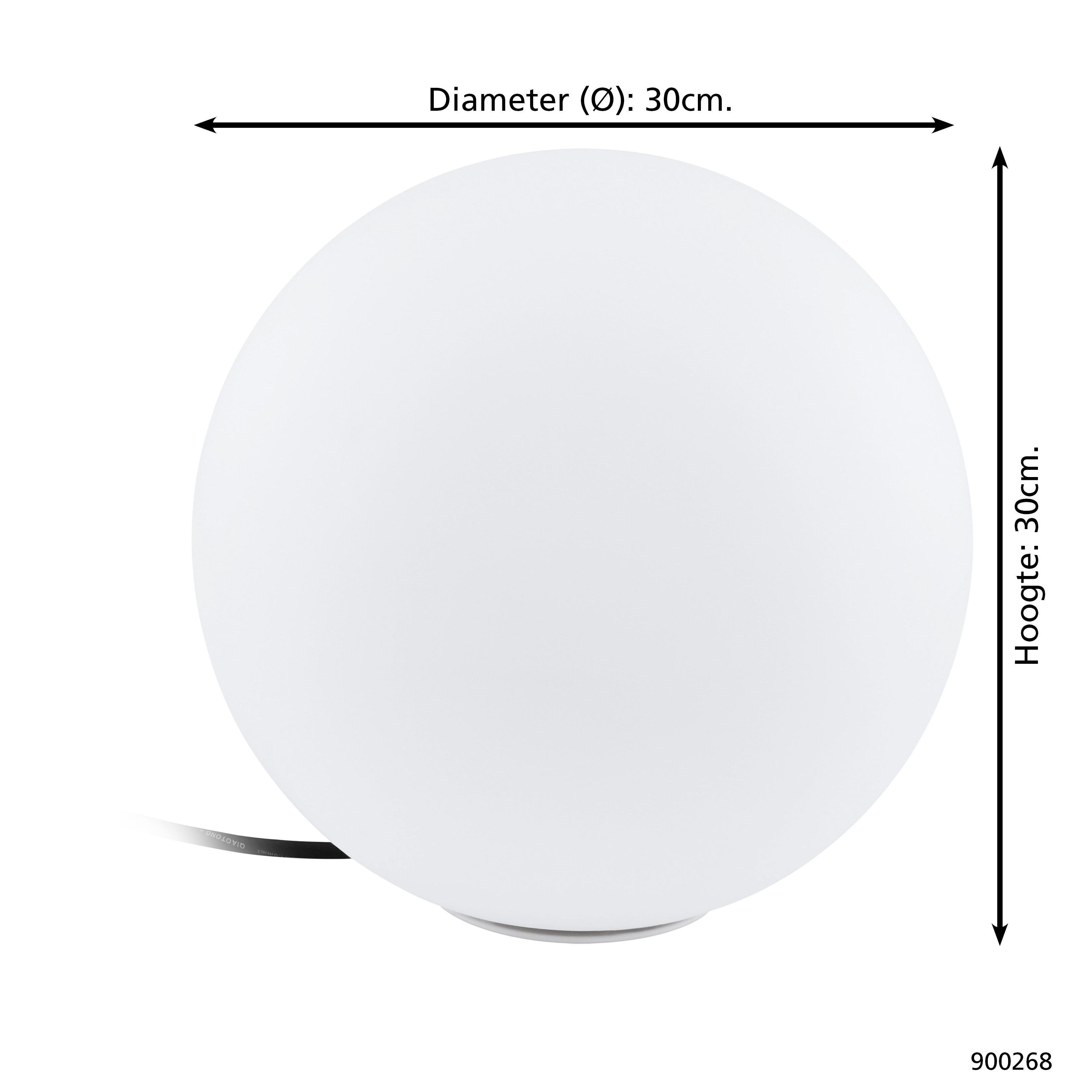 Una lampada bianca, sferica con cavo di alimentazione nero. Dimensioni: diametro 30cm, altezza 30cm. Sfondo bianco.
