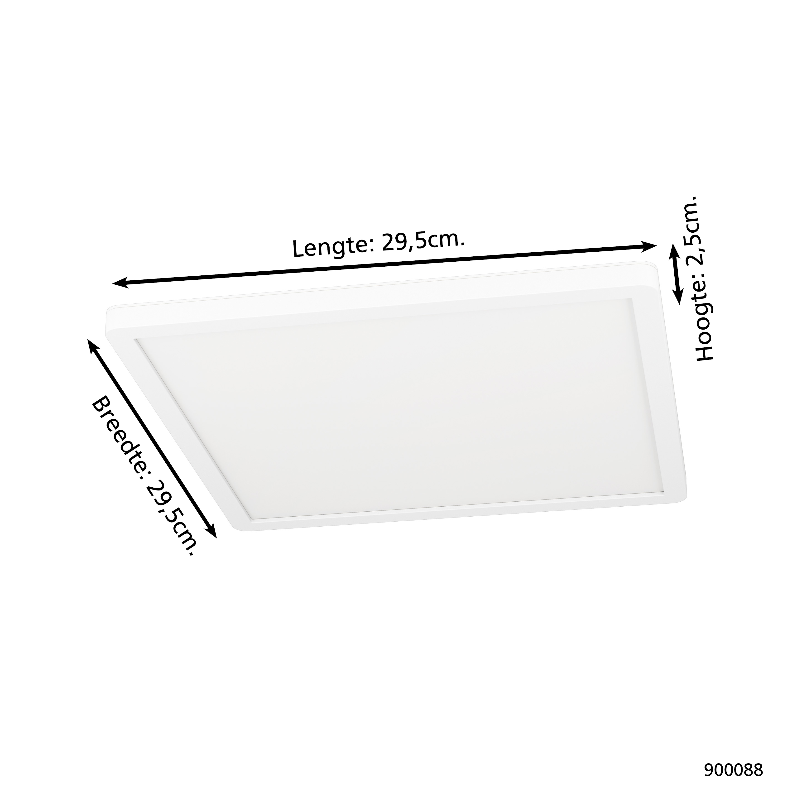 Eine weiße, rechteckige LED-Leuchte mit angegebenen Abmessungen. Die Breite beträgt 29,5 cm, die Höhe 2,5 cm.