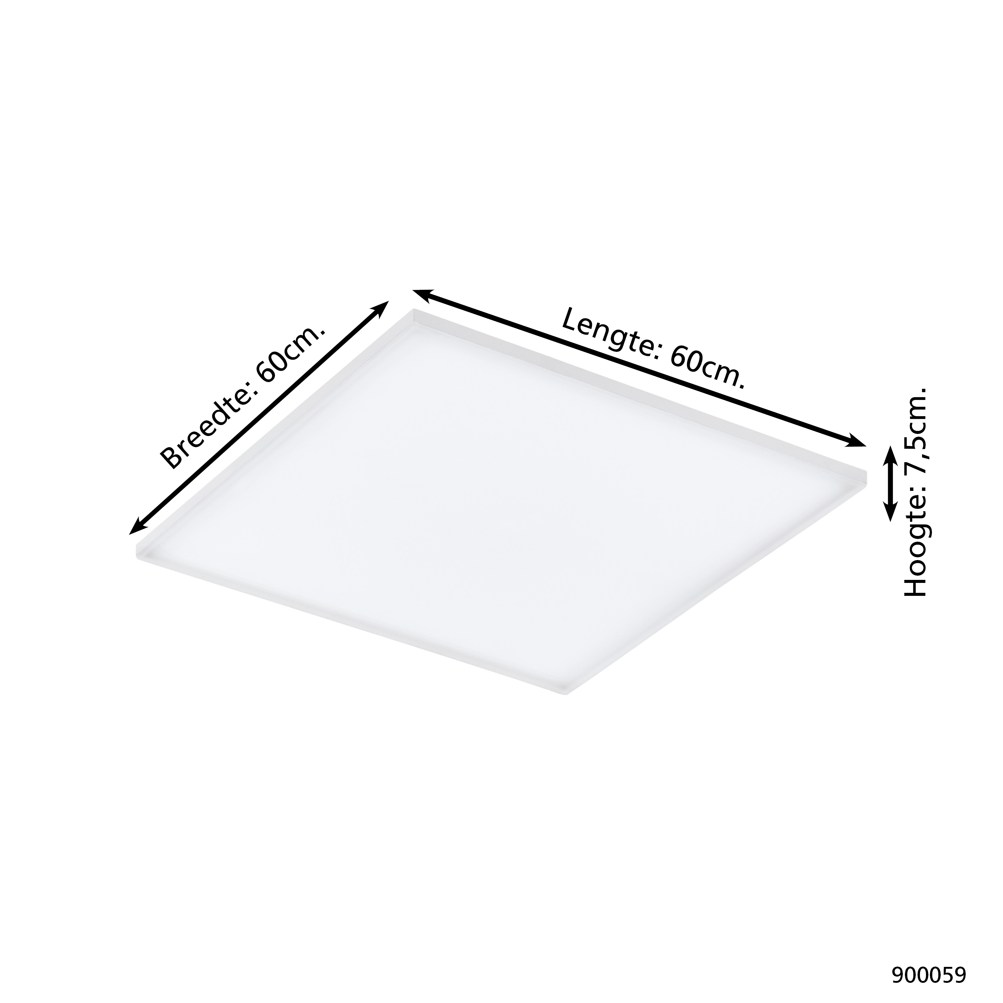 Una plafoniera quadrata bianca con dimensioni etichettate. Larghezza e lunghezza sono 60 cm, altezza 7,5 cm. Testo in olandese.
