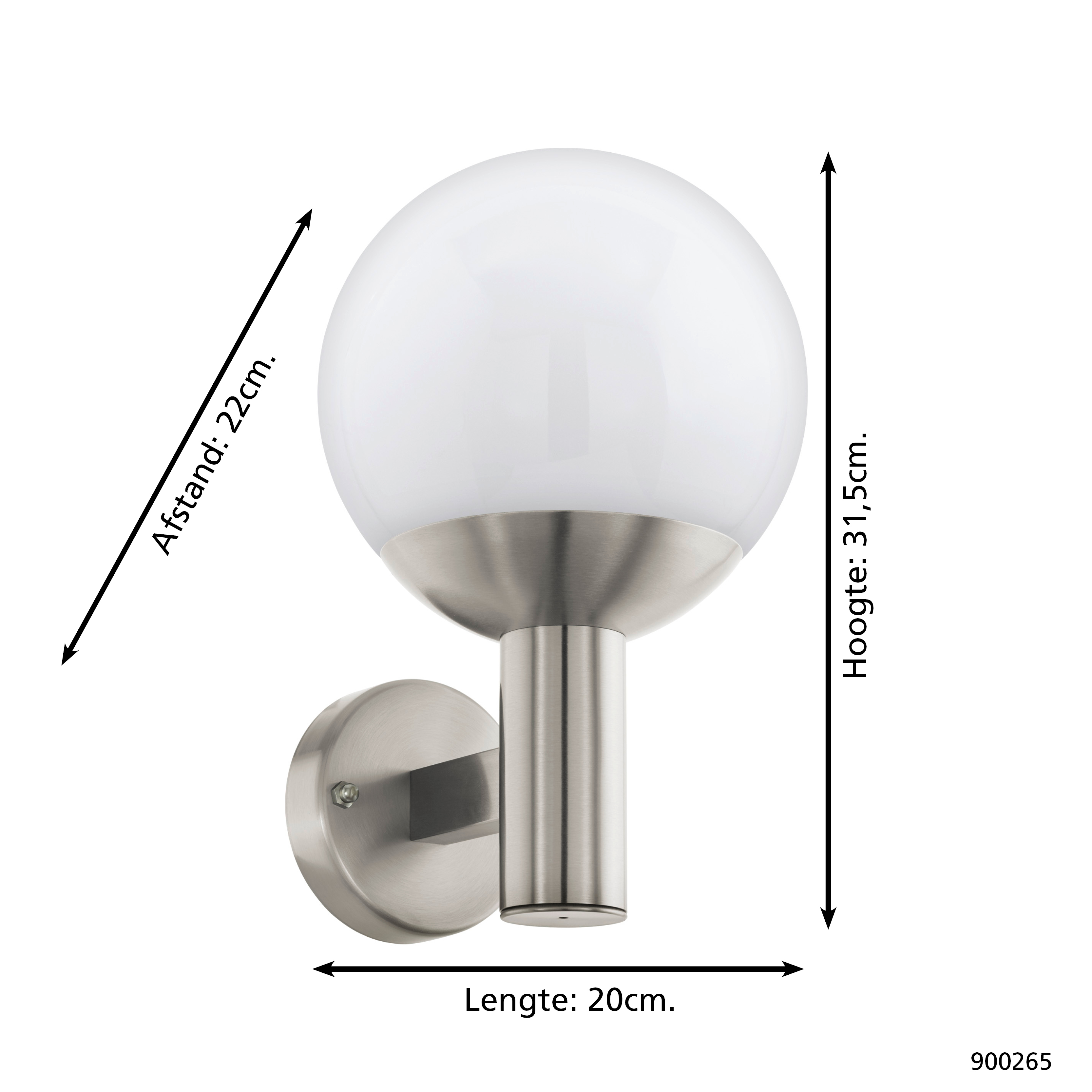 Eine silberne Wandleuchte mit weißem Globus. Sie hat die angegebenen Abmessungen: 22 cm, 31,5 cm und 20 cm. Sie ist auf weißem Hintergrund montiert.
