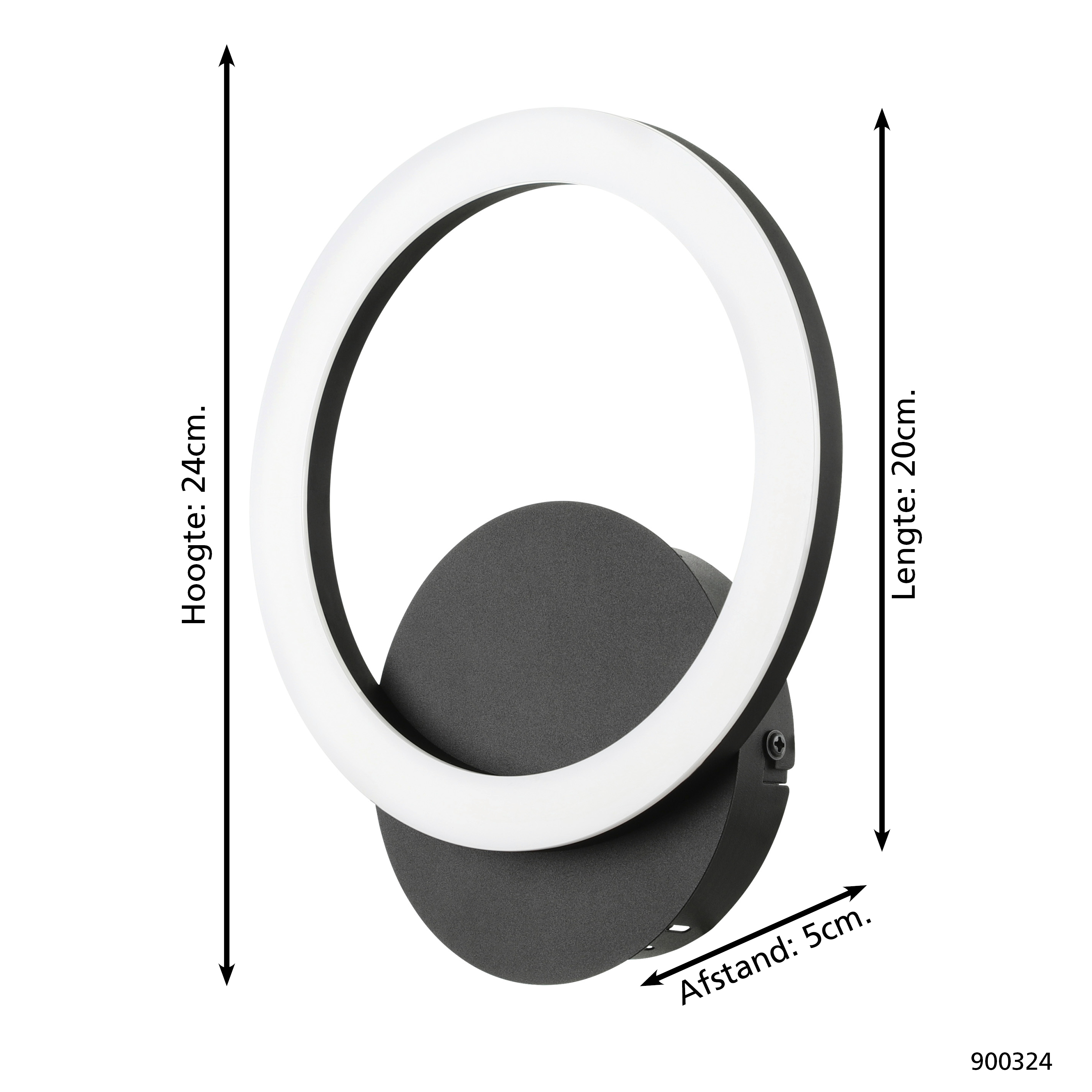 Una lampada da parete in bianco e nero con luce rotonda e base grigio scuro. Dimensioni fornite.