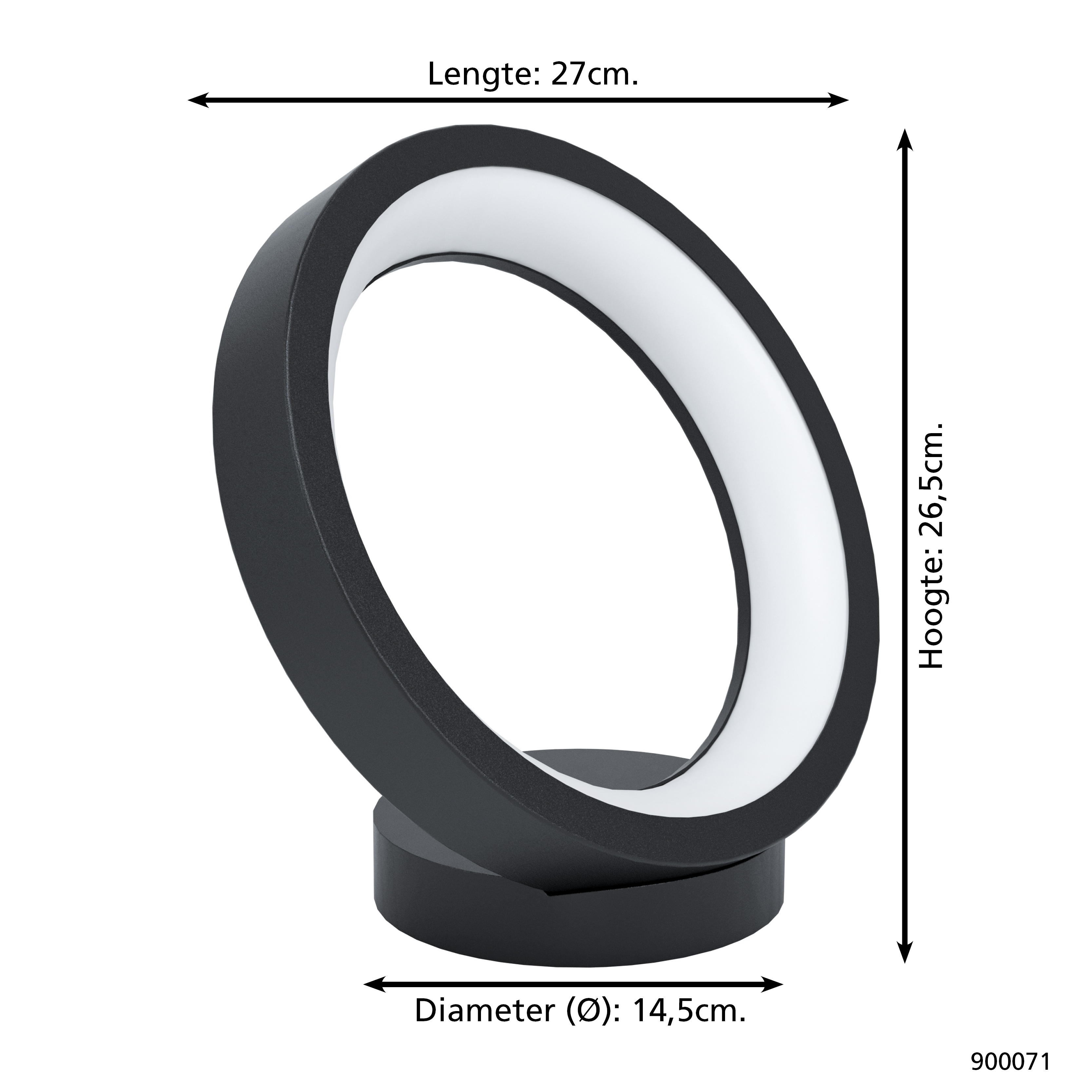 Eine moderne, schwarze, kreisförmige LED-Lampe. Sie hat einen runden Sockel und einen ringförmigen Aufsatz mit weißem Licht.