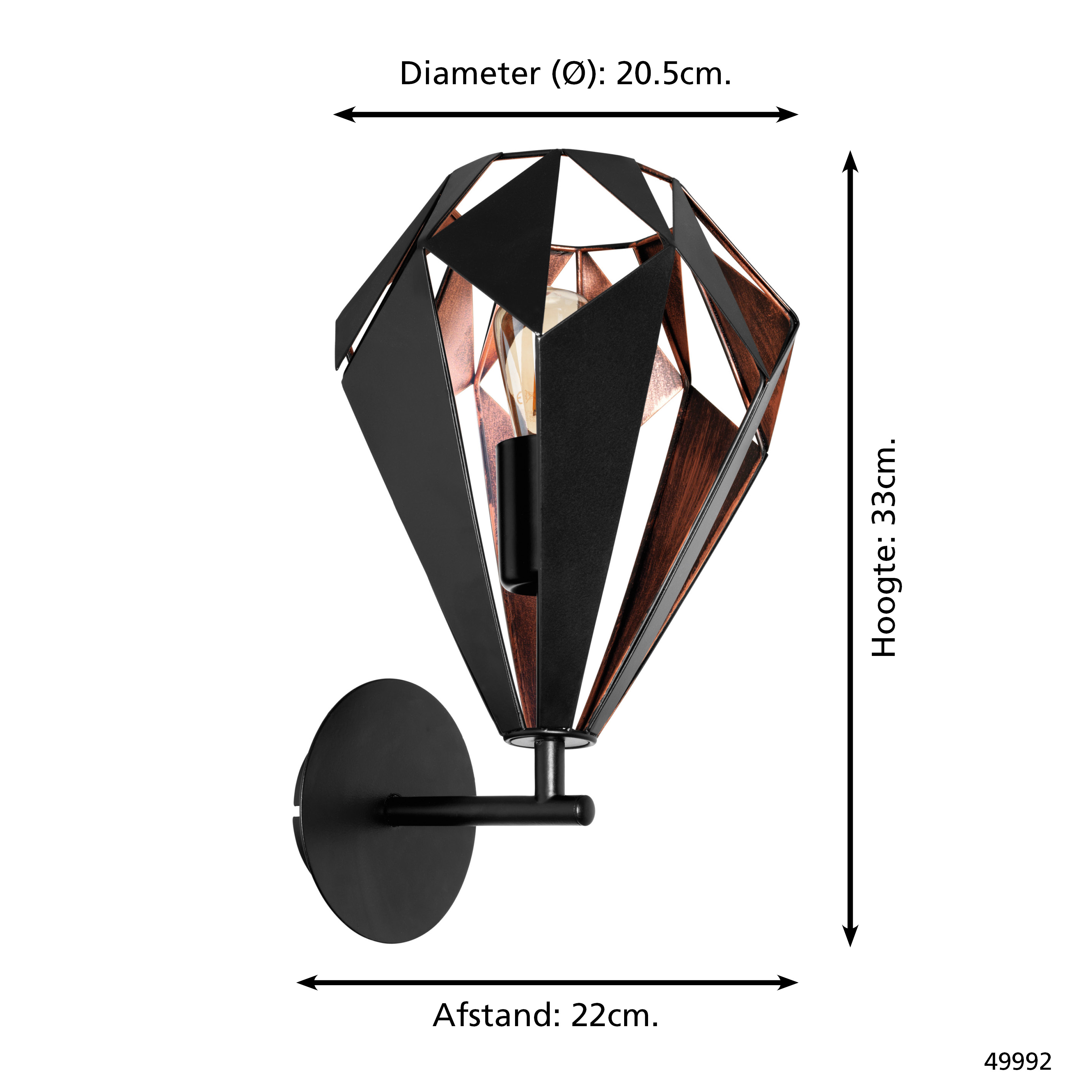 Una lampada da parete a forma di diamante con dettagli neri e rame. Le dimensioni sono indicate. La lampada è montata su una base rotonda.