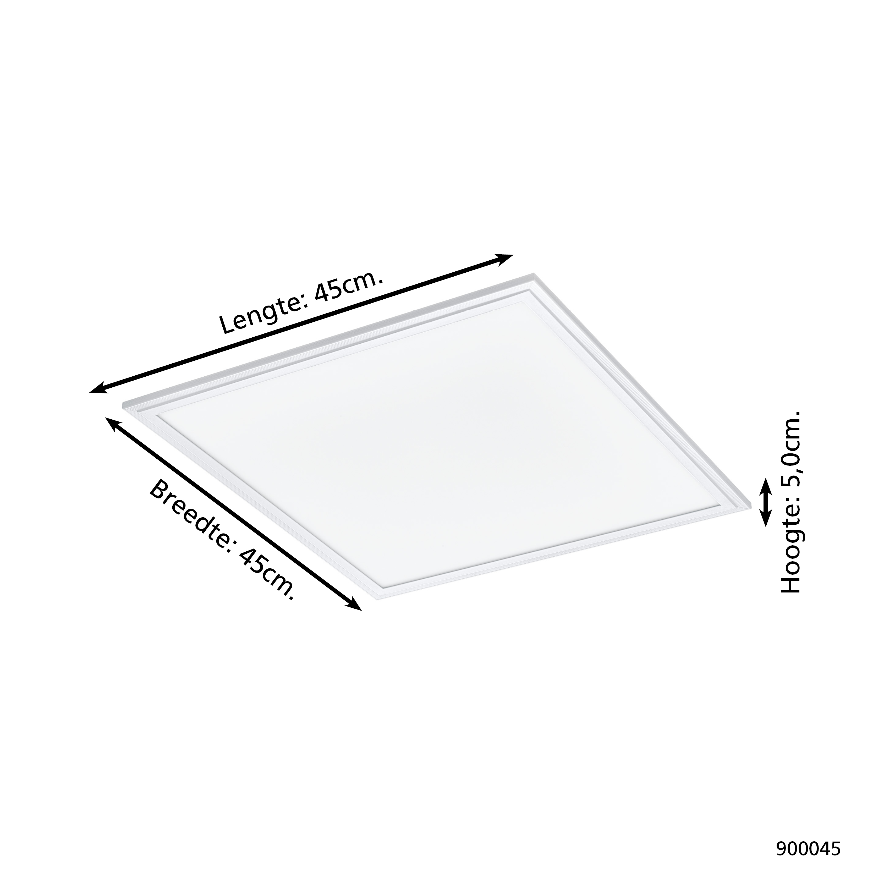 Un pannello LED quadrato bianco con cornice argentata. Dimensioni: 45cm lunghezza, 45cm larghezza, 5cm altezza.