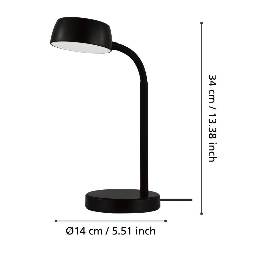 Eine schwarze Schreibtischlampe mit gebogenem Arm und rundem Sockel. Abmessungen sind mit 34 cm Höhe und 14 cm Basisdurchmesser angegeben.