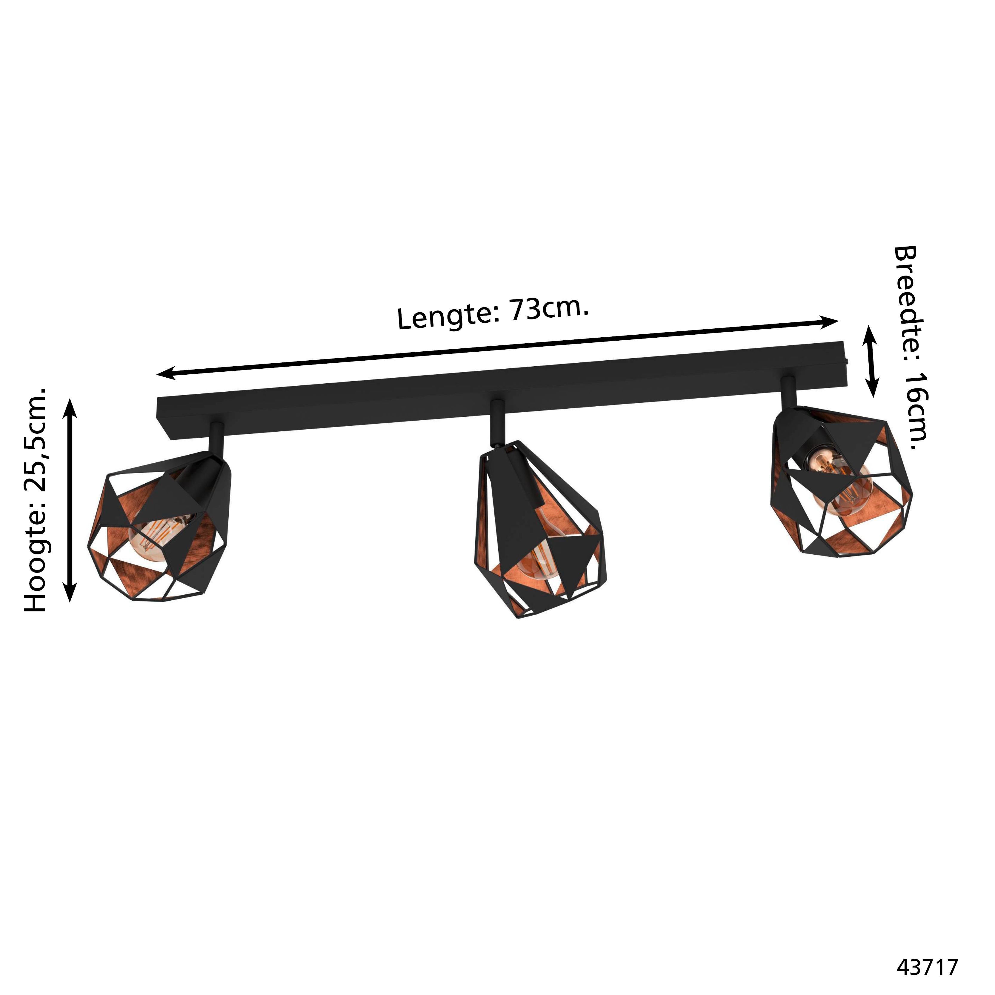 Una lámpara de techo negra con tres pantallas geométricas. Las dimensiones están etiquetadas. El fondo es blanco liso.