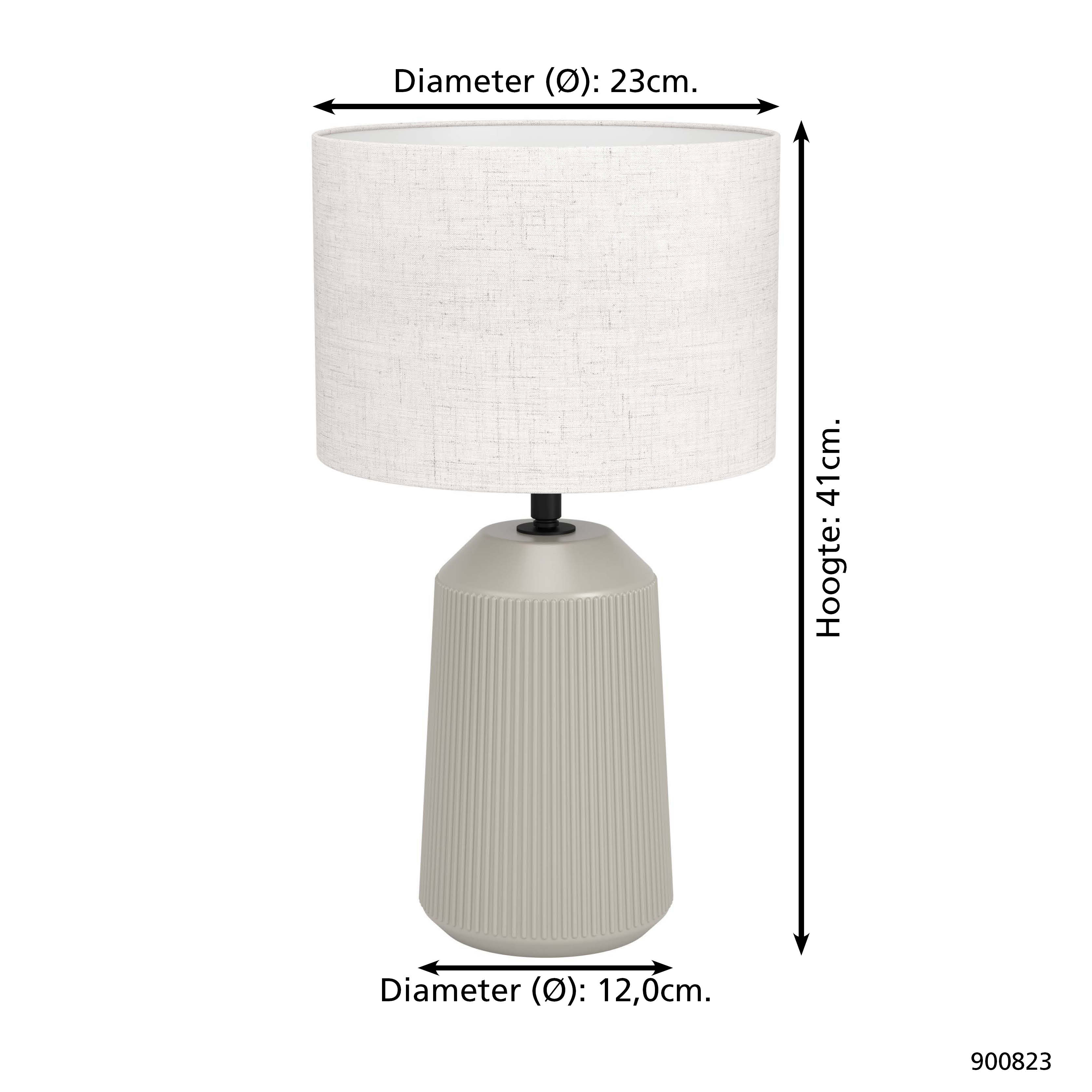 Eine beige Tischlampe mit zylindrischem Fuß und weißem Lampenschirm. Abmessungen sind angegeben.
