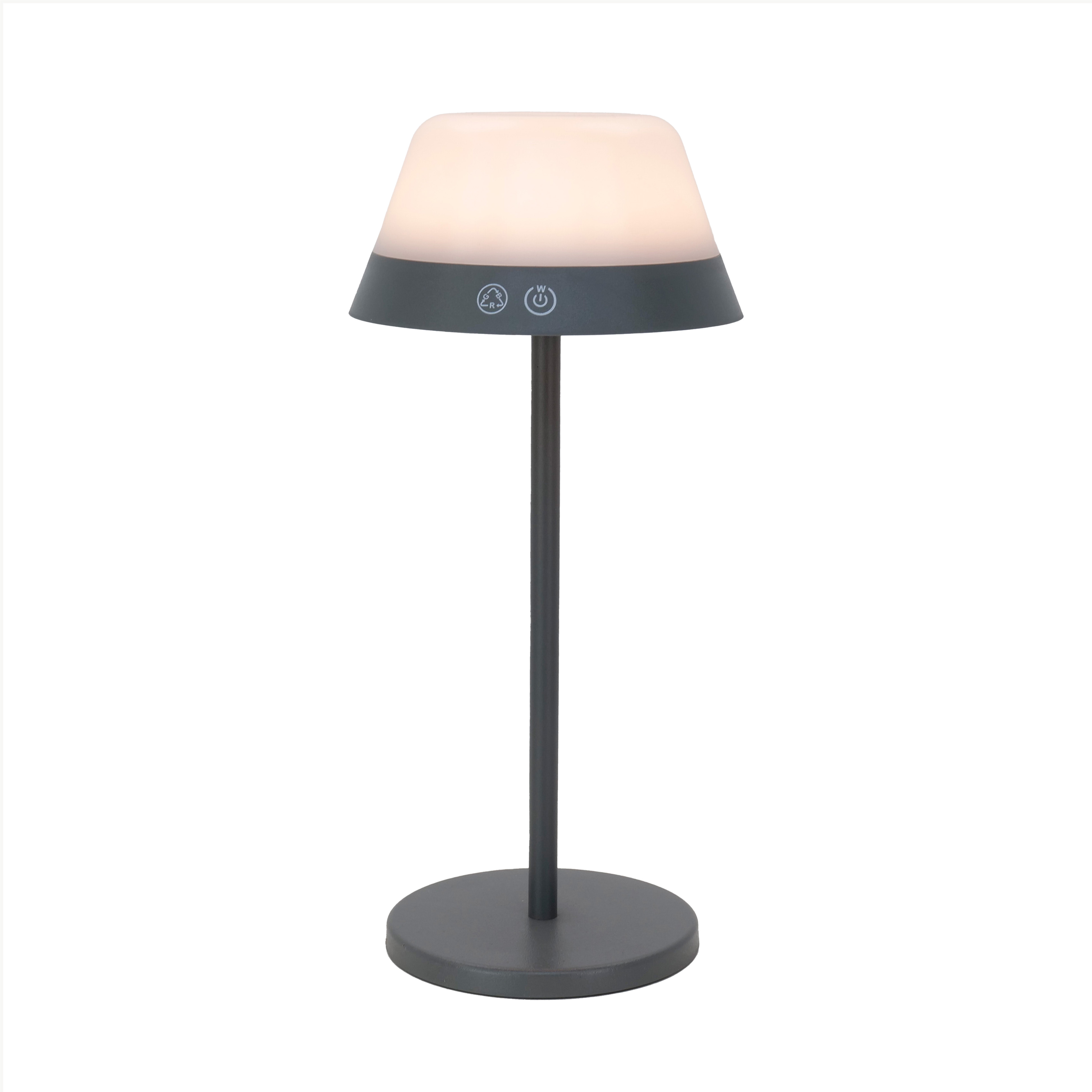 Eine graue Tischlampe mit weißem Schirm, grauem Ständer und grauem Fuß auf weißem Hintergrund.