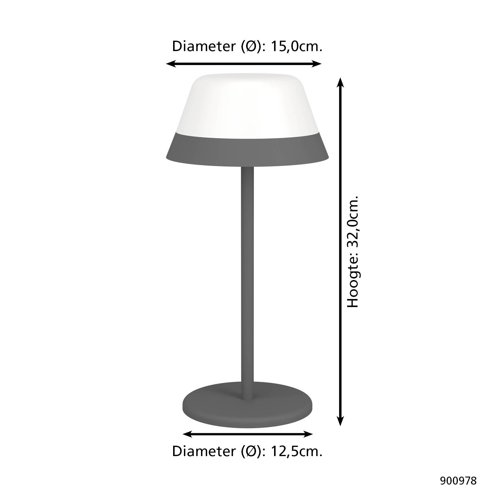 Eine moderne Lampe mit weißem Schirm, grauem Sockel und Stiel, mit Zentimeter-Maßen.