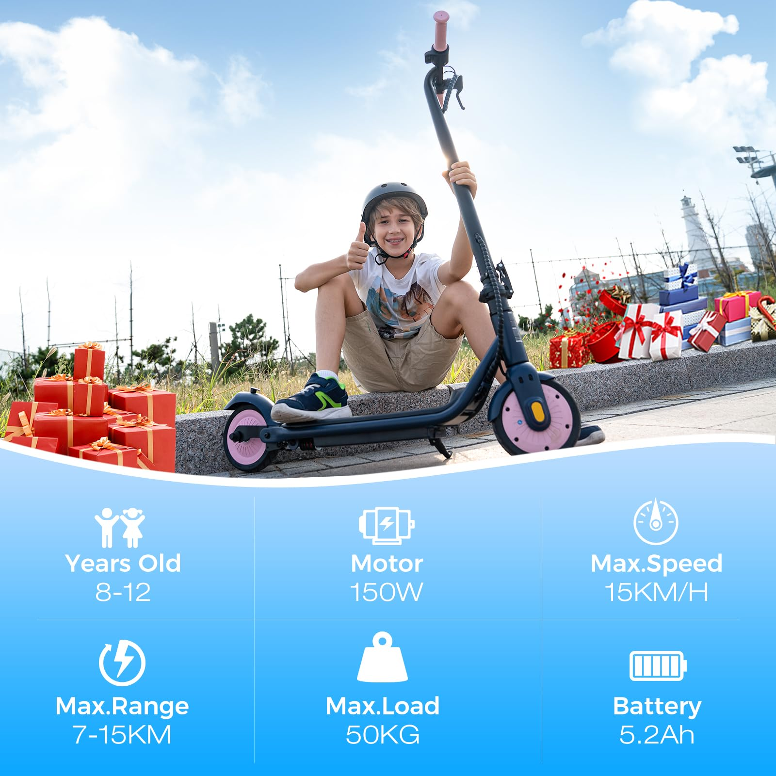 A boy with a helmet on a black and pink scooter gives a thumbs up. Presents are in the background. Blue sky.