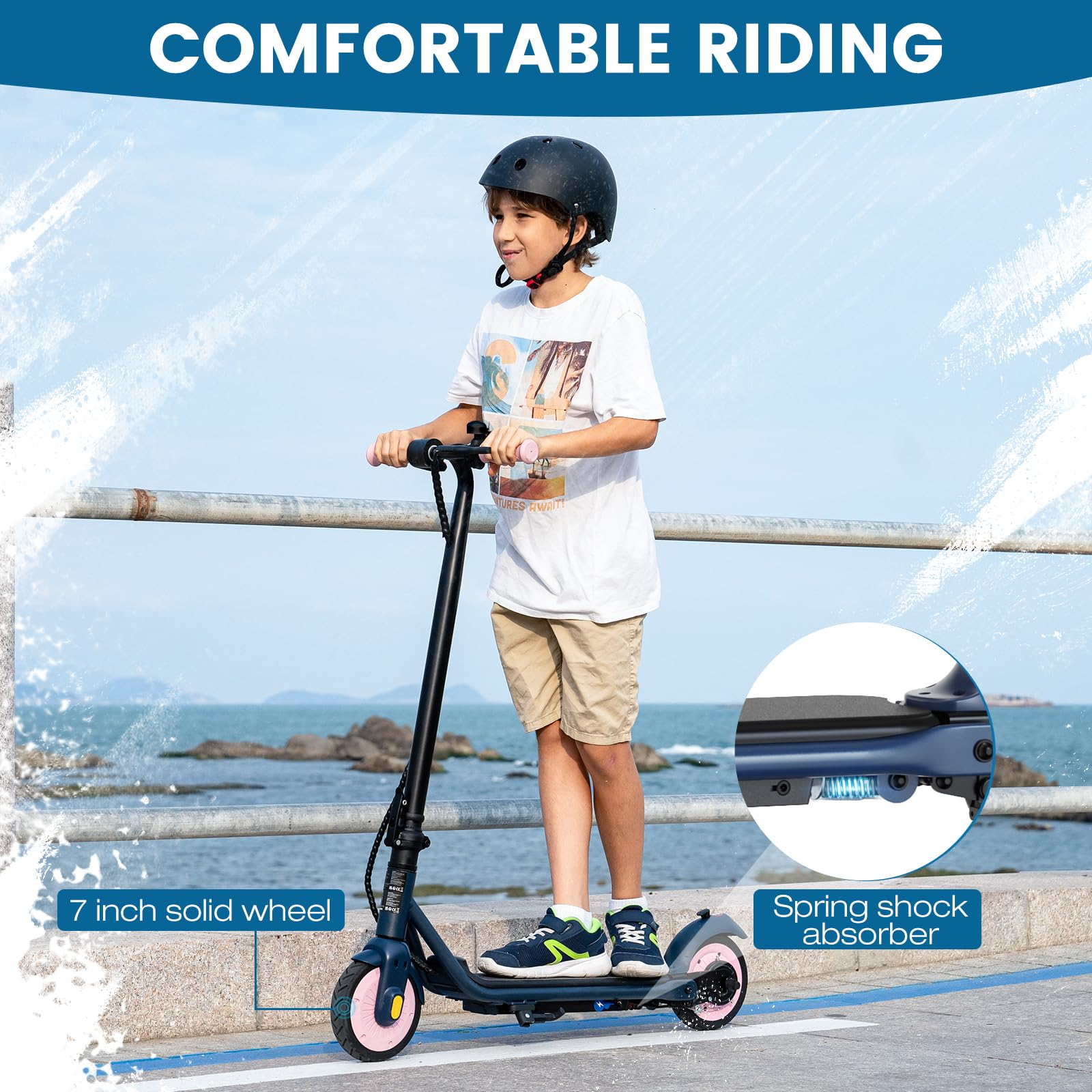 A boy in a helmet rides a scooter. The scooter has pink wheels and a spring shock absorber. The background is the sea.