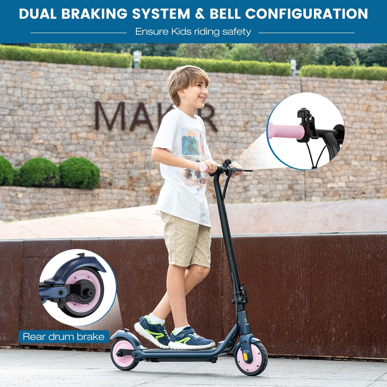 A boy rides a blue scooter. The scooter has pink wheels and handles. The background has a stone wall and green bushes.