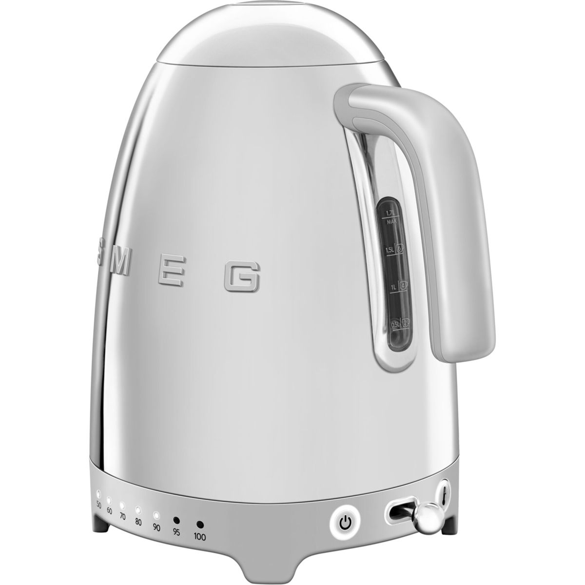 A silver Smeg kettle. It has a handle on the right, a water level indicator, and a temperature dial at the base.