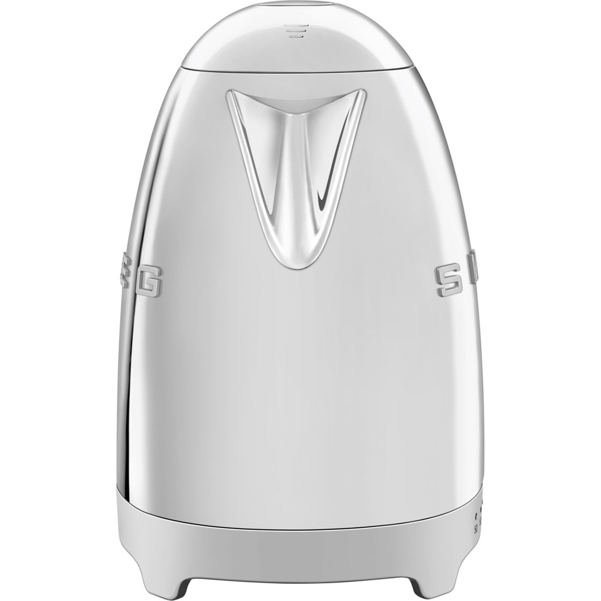 A shiny, silver electric kettle with a rounded top and a spout. It has the brand name 'smeg' on it.
