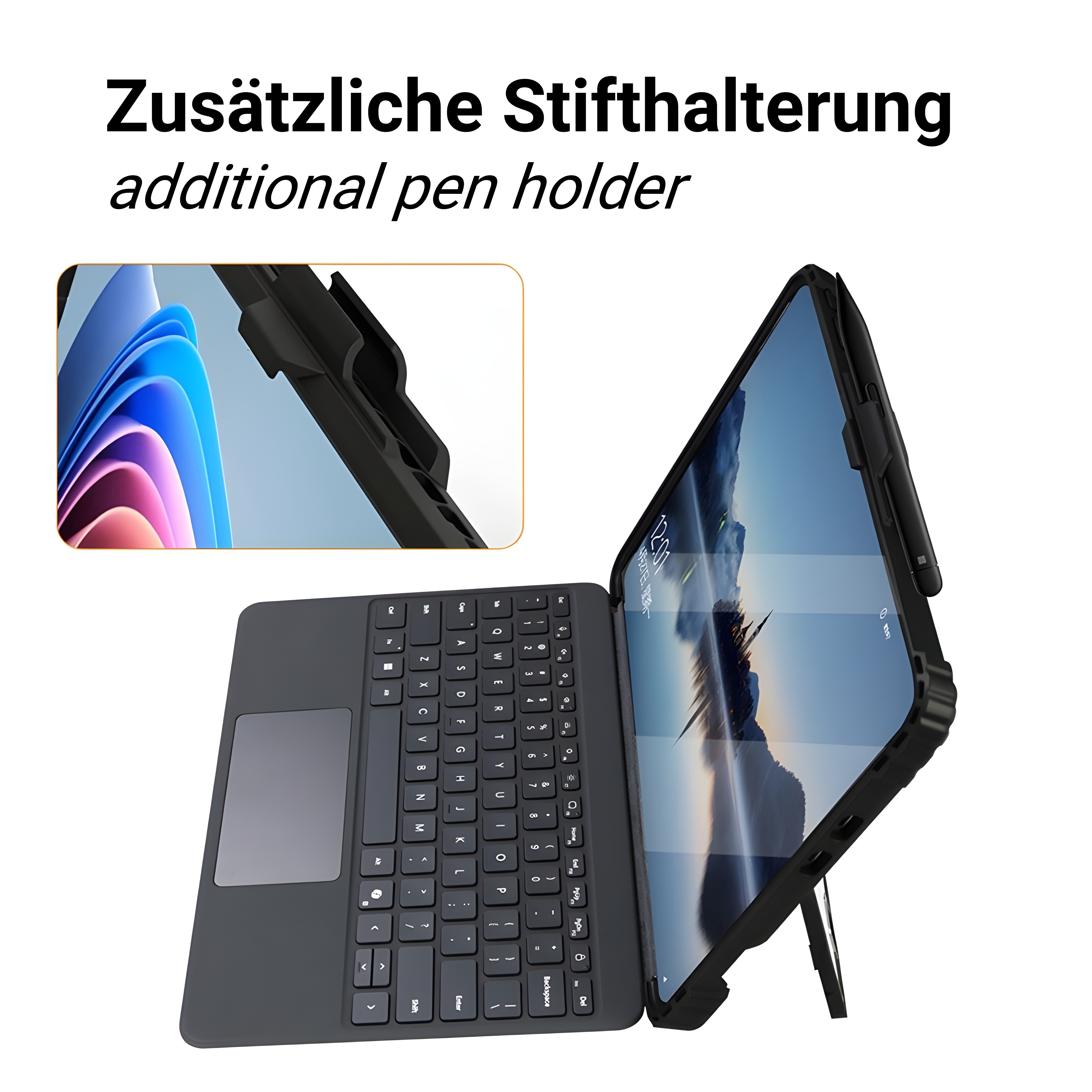 Ein Tablet mit Tastatur und Stifthalter. Es zeigt einen Bildschirm mit blauem und weißem Hintergrund.