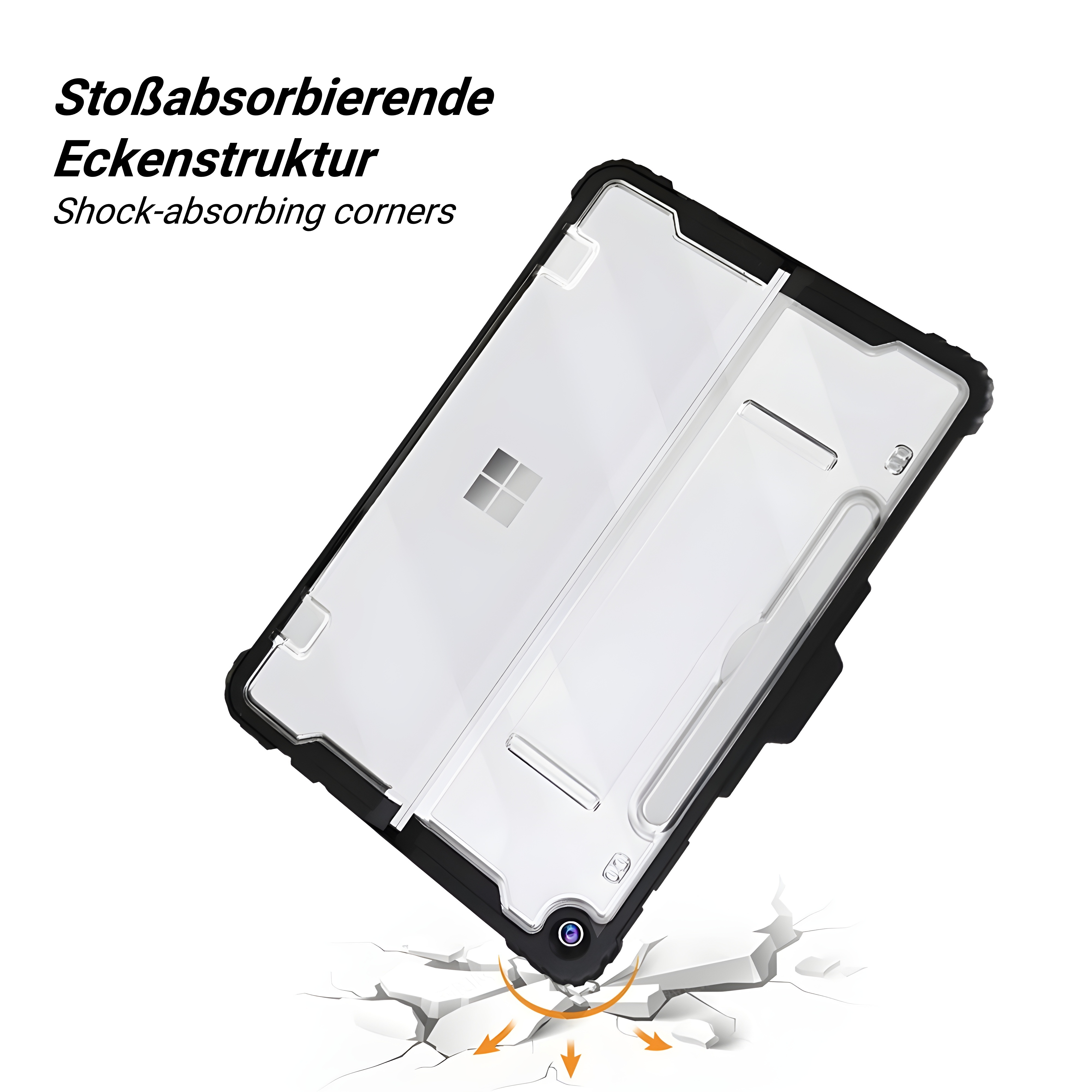 Ein Tablet in einer Schutzhülle wird gezeigt. Die Hülle ist schwarz und transparent. Der Hintergrund ist weiß mit Rissen.