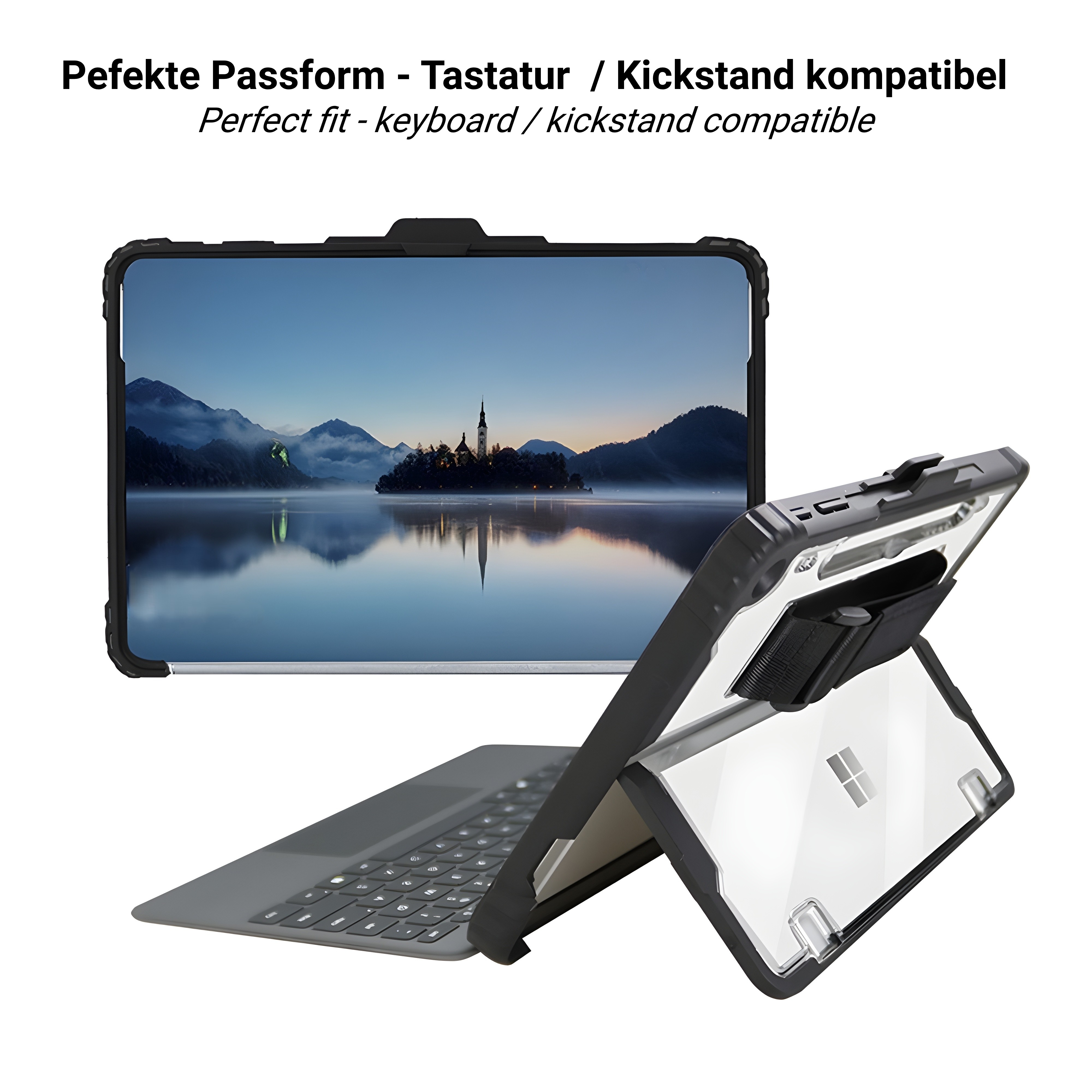 Ein Tablet mit Tastaturhülle, das eine Landschaft zeigt. Die Hülle ist abgewinkelt und die Tastatur ist sichtbar.