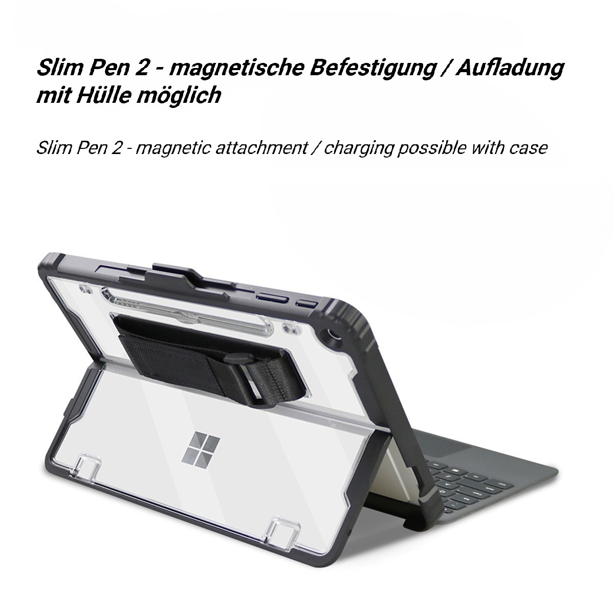 Ein Tablet mit transparenter Hülle, Tastatur und Stift. Die Hülle ist offen und zeigt den Tablettbildschirm. Der Stift kann befestigt werden.