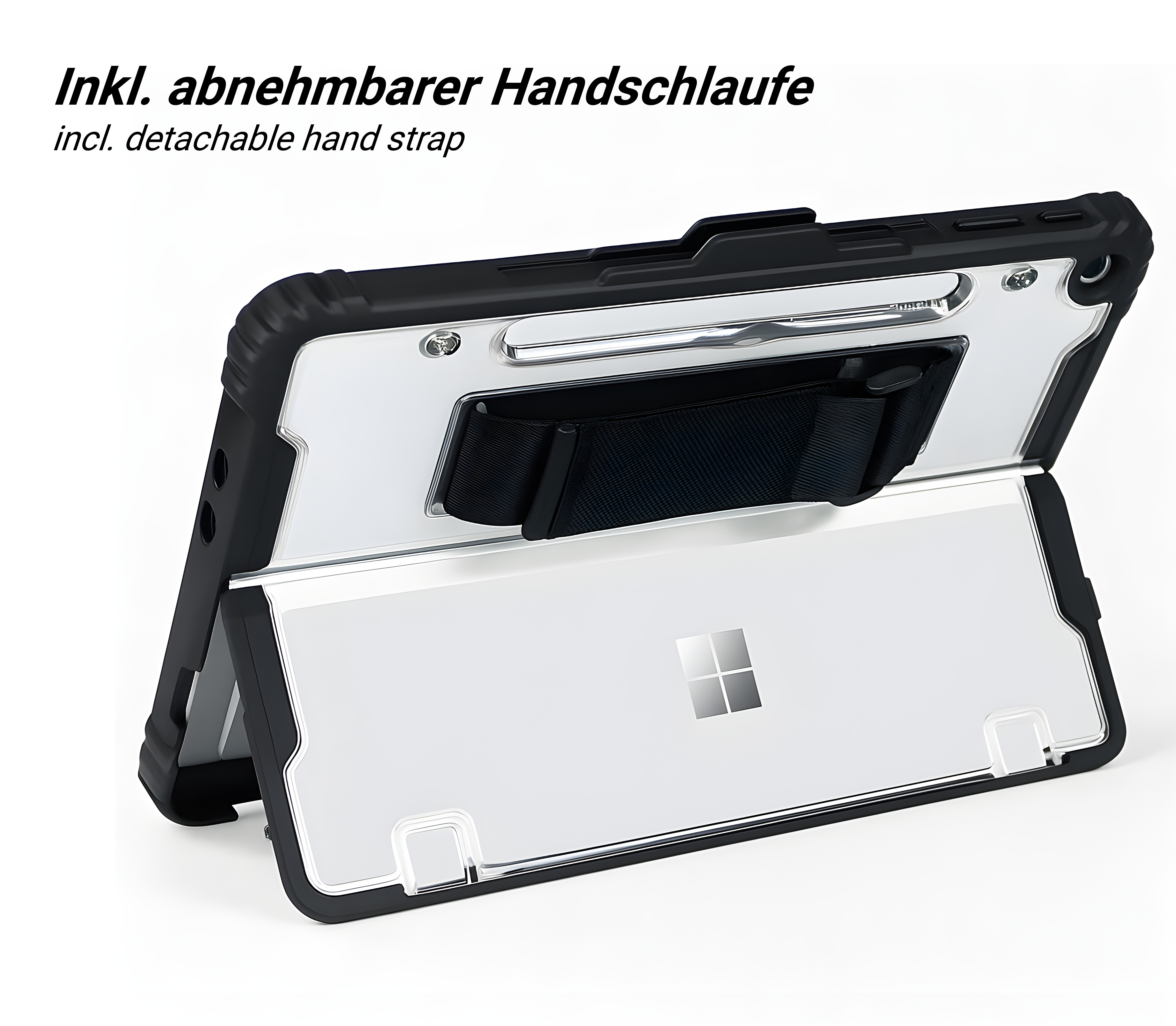 Tablethülle mit schwarzem Rahmen und Handschlaufe. Der Bildschirm ist klar und hat das Windows-Logo. Auf weißem Hintergrund.