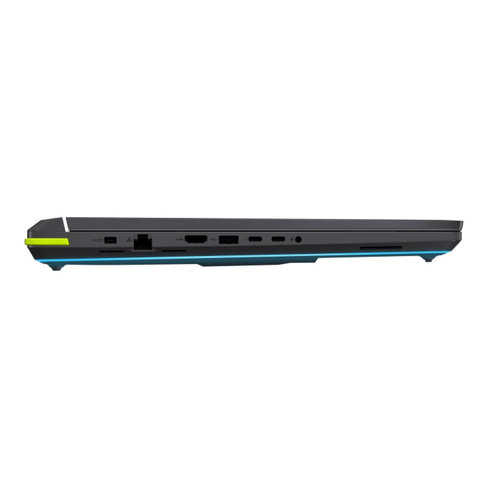 Vista laterale di un laptop grigio scuro. Ha porte e un accento blu neon e verde. Il laptop è su uno sfondo bianco.