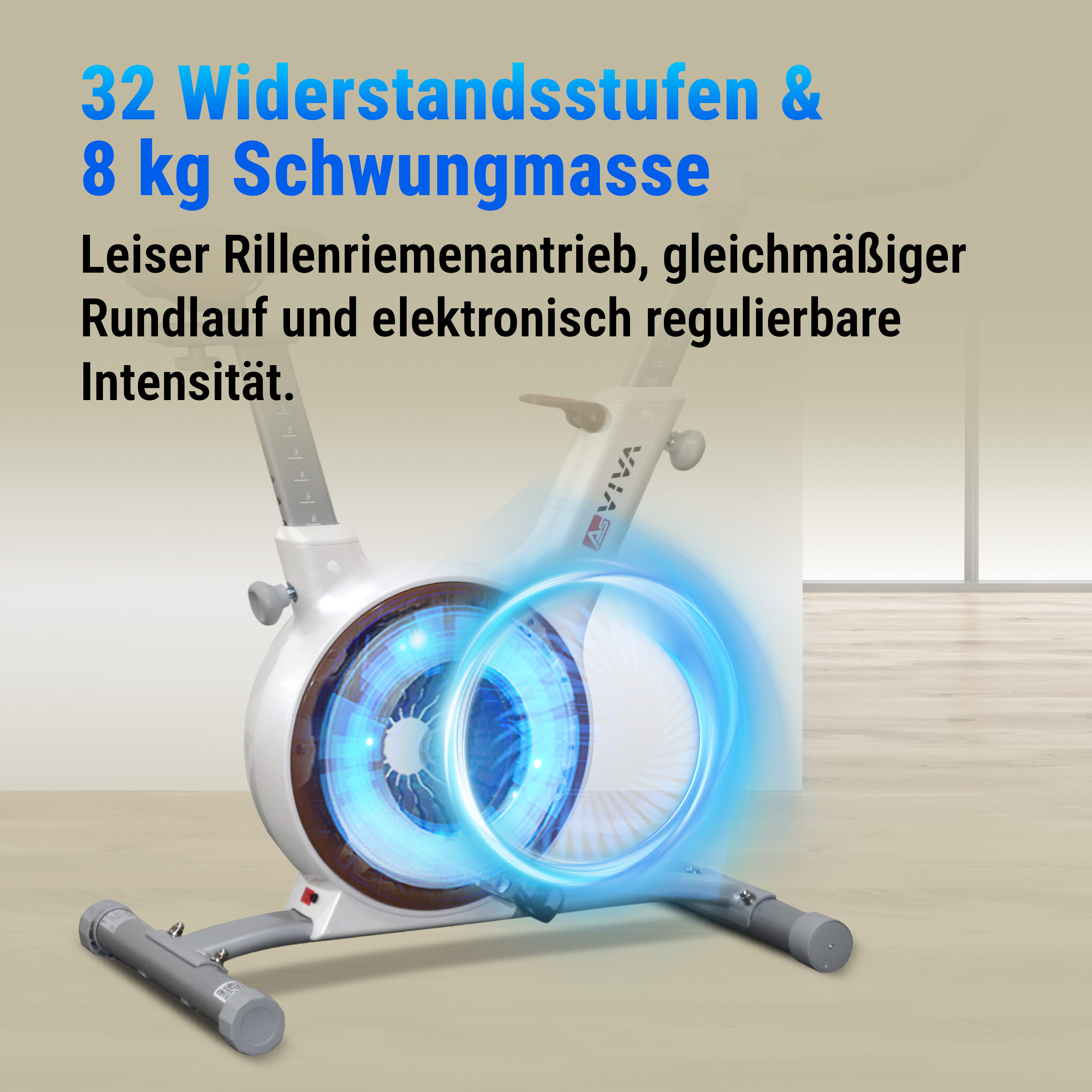 Ein stationäres Fahrrad mit einem leuchtend blauen Kreis um das Rad. Text oben sagt '32 Widerstandsstufen & 8 kg Schwungmasse'.