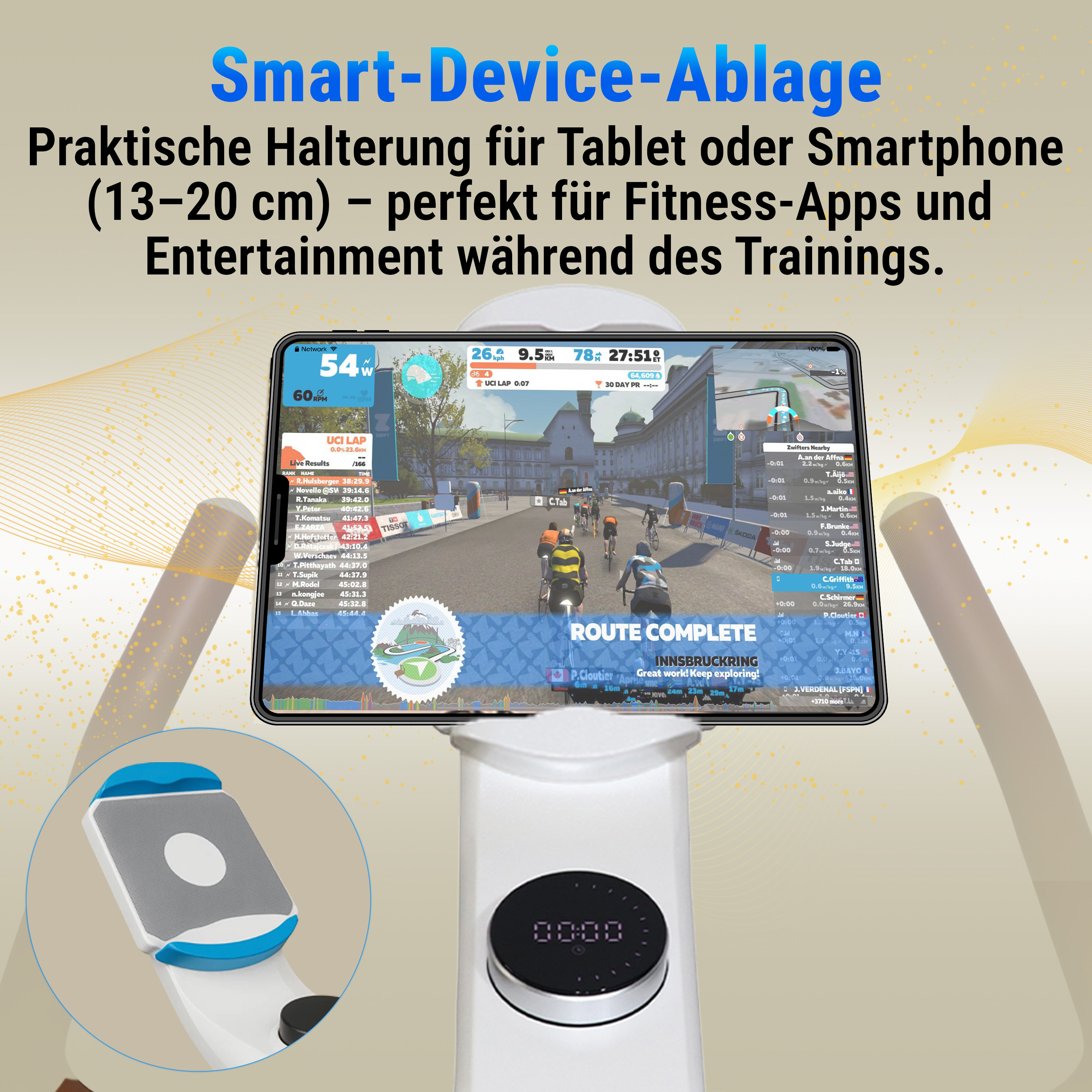 Tablet auf Ständer mit Radfahr-App. Der Ständer hat eine weiße Basis mit Digitaluhr.
