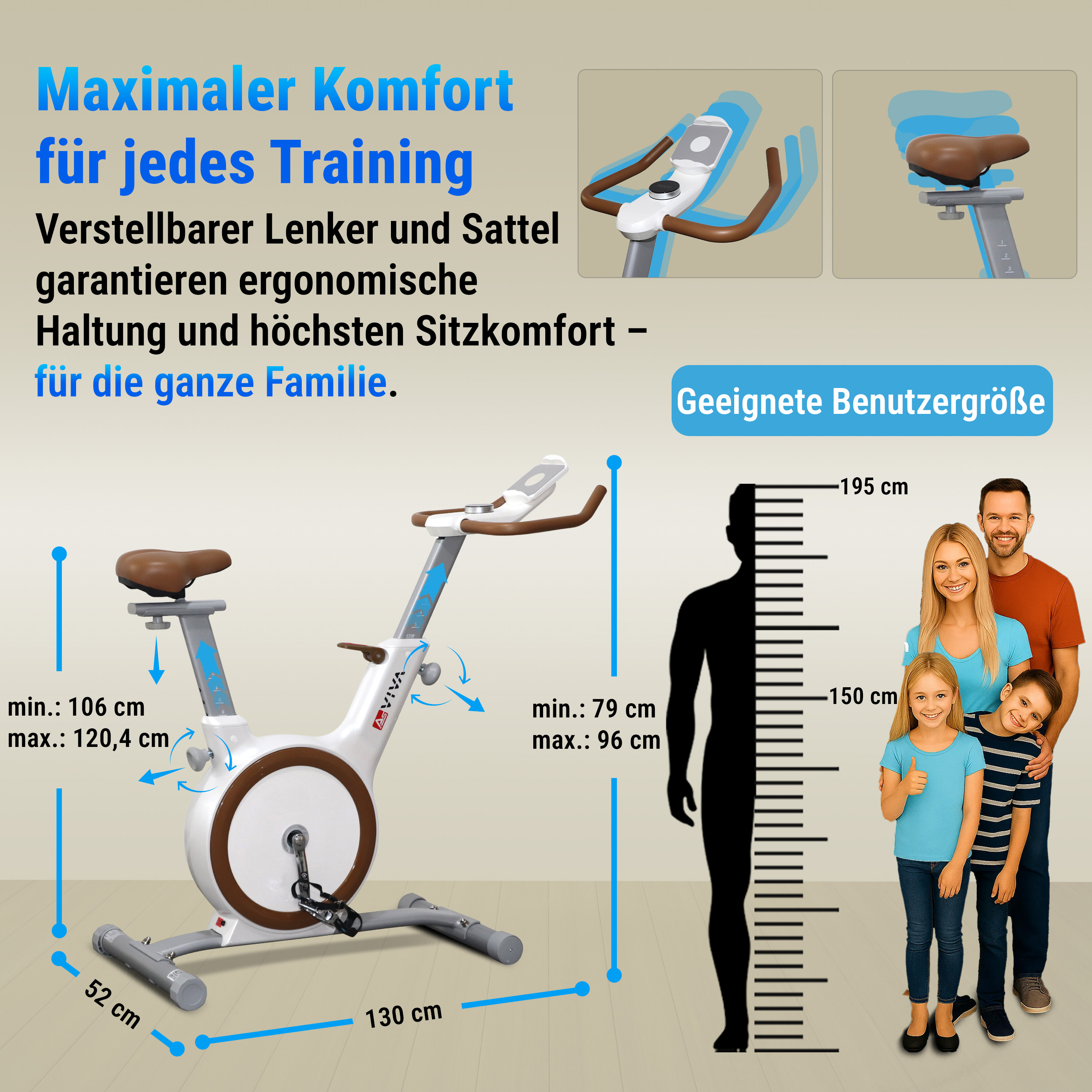 Ein Trainingsfahrrad mit verstellbaren Teilen, eine vierköpfige Familie und Höhenmaße sind abgebildet.