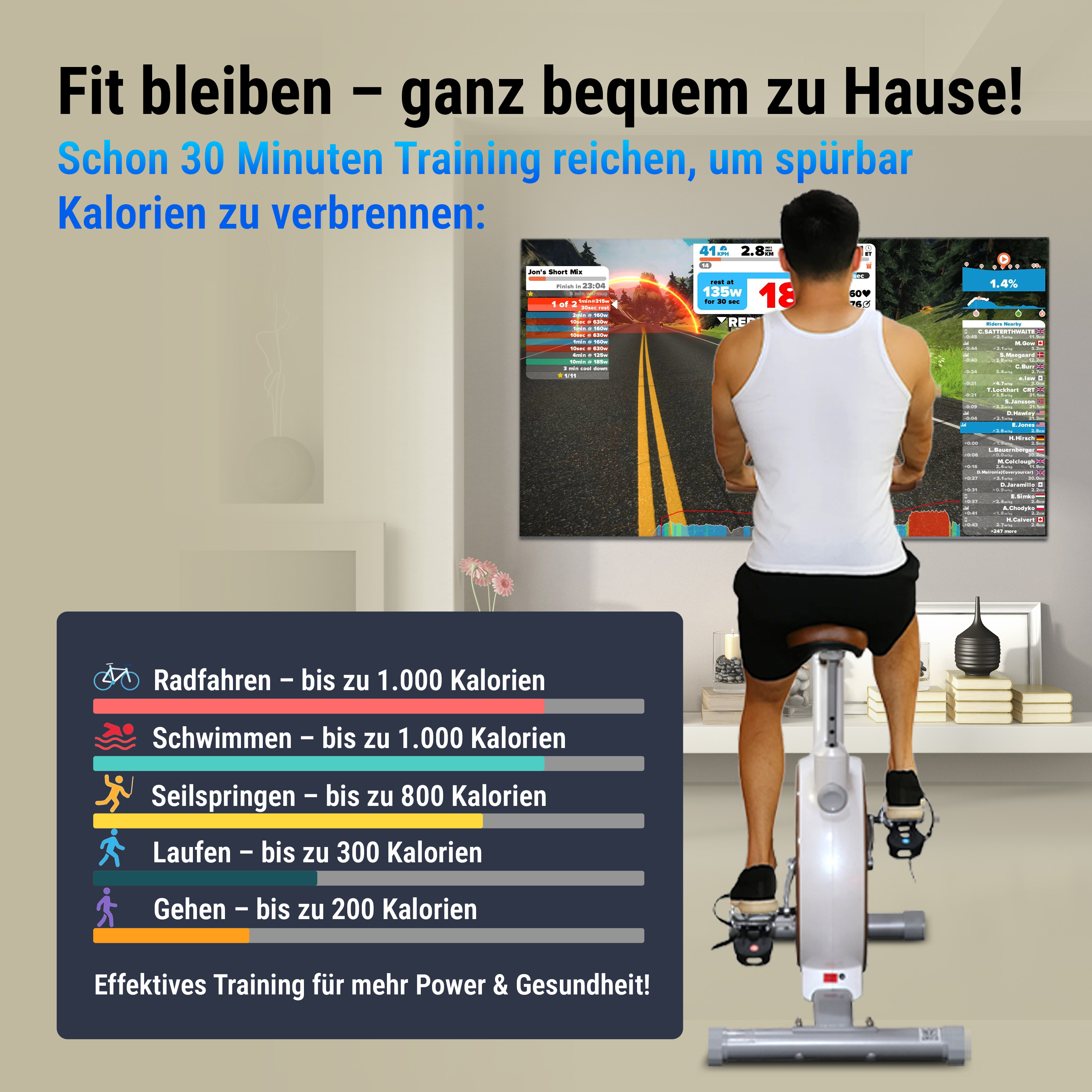 Ein Mann auf einem Heimtrainer mit Bildschirm, der eine Radsimulation zeigt, Text über Fitnesstraining zu Hause und Trainingssymbole.
