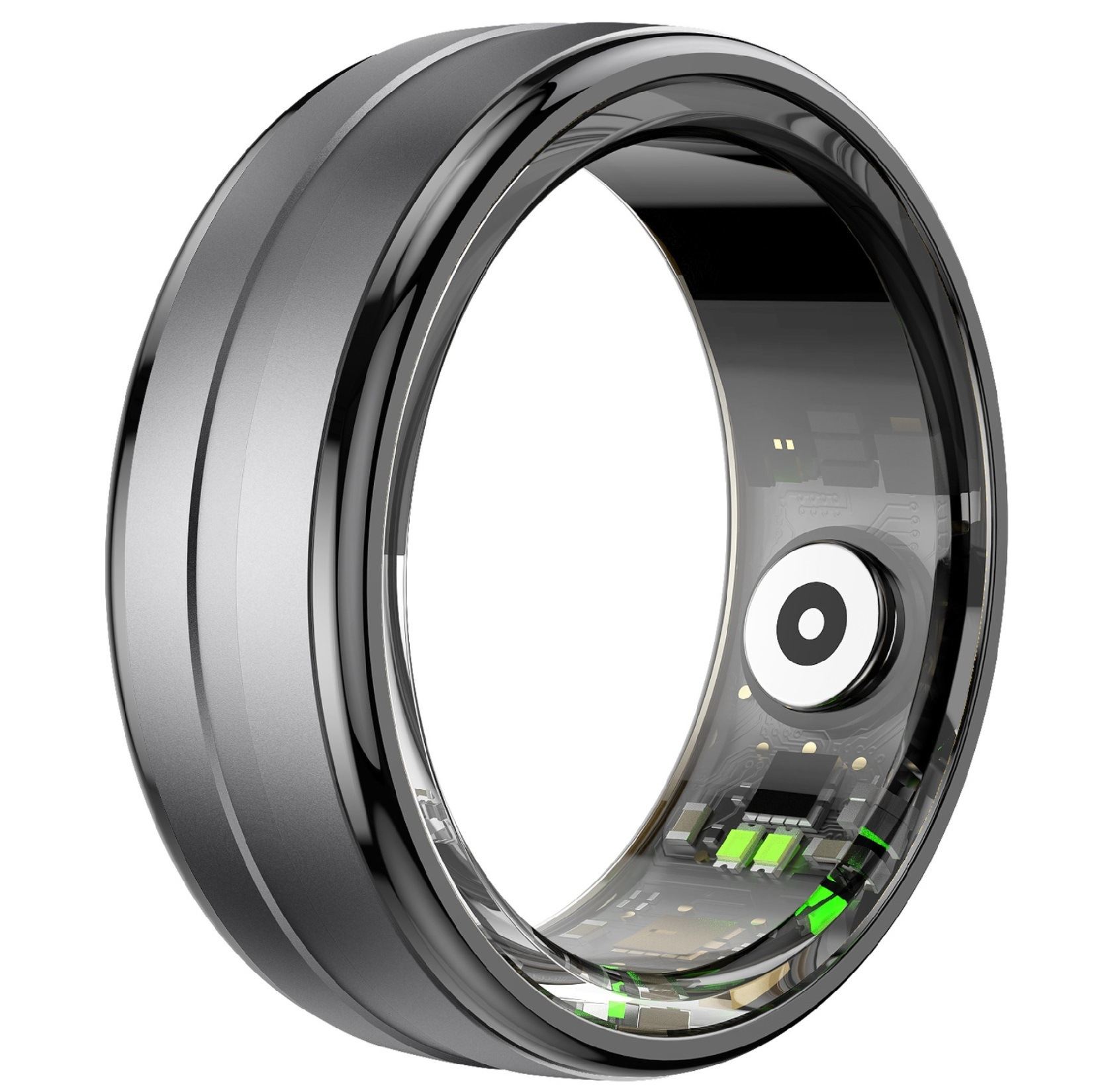 Ein silberner Smart-Ring mit schwarzem Innenraum. Er hat ein metallisches Band mit einem durchsichtigen Innenteil.