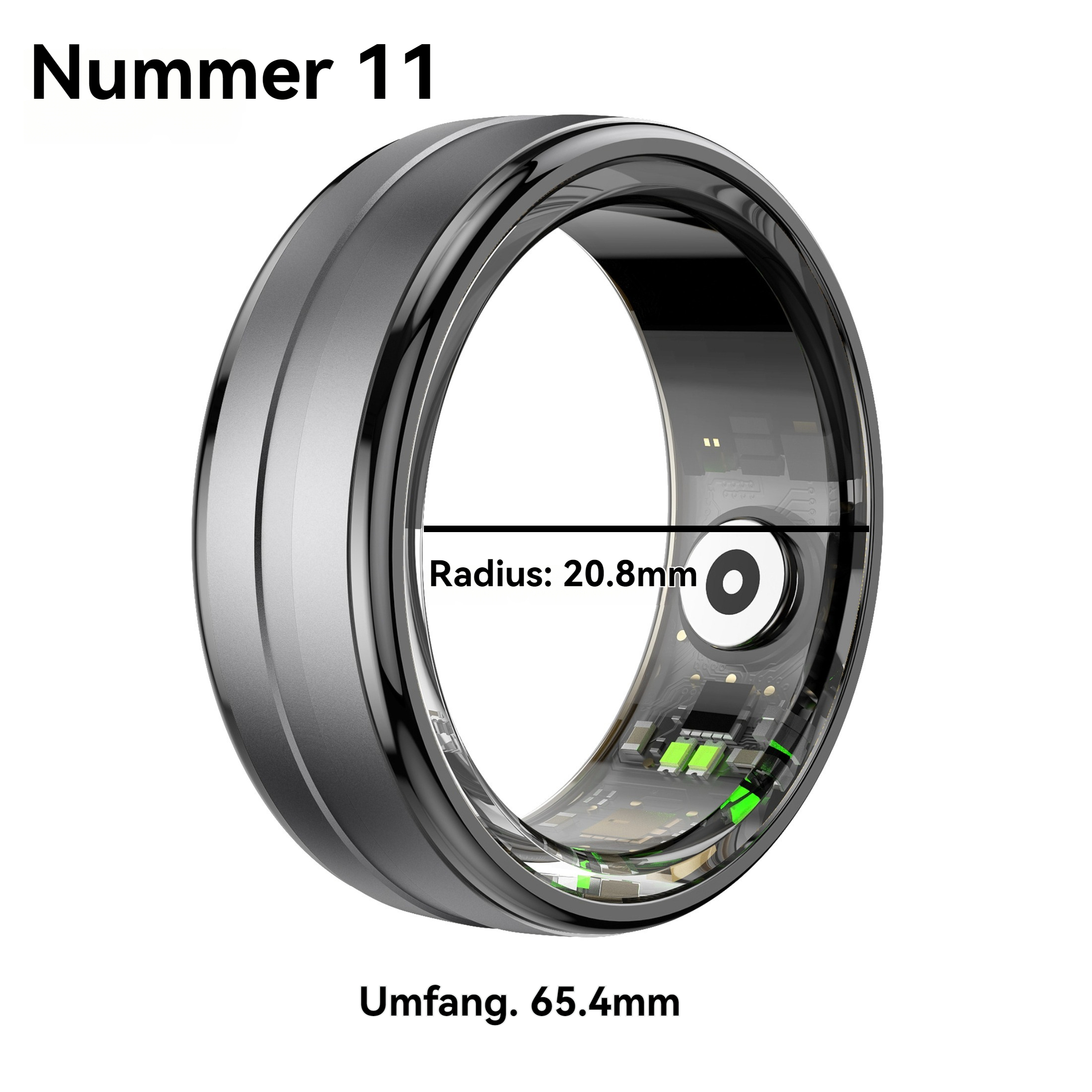 Ein silberner Smartring mit sichtbaren internen Komponenten. Texte lauten 'Nummer 11', 'Radius: 20,8 mm' und 'Umfang. 65,4 mm'.