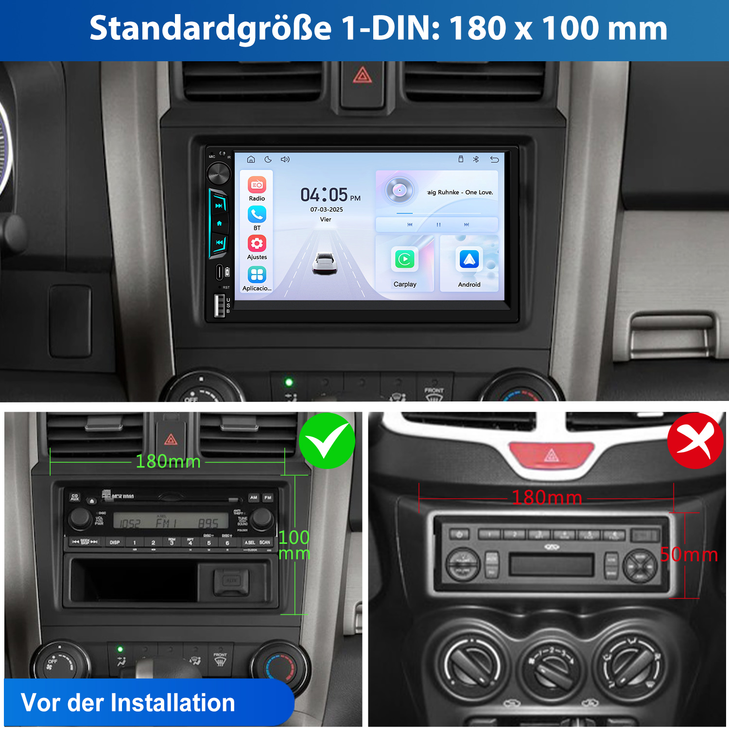 Autoradio-Bildschirm mit Uhrzeit, Datum und Apps. Unten sind zwei Beispiele für den Einbau von Autoradios mit Abmessungen und Beschriftungen.