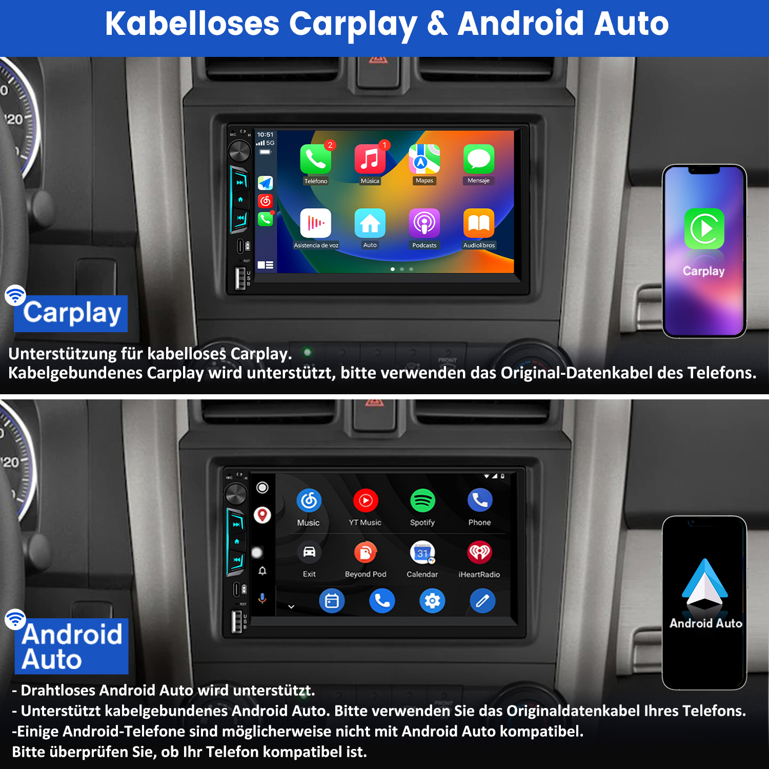 Auto-Audiosystembildschirm mit Apps und einem Telefon, das CarPlay anzeigt. Android Auto wird ebenfalls angezeigt.