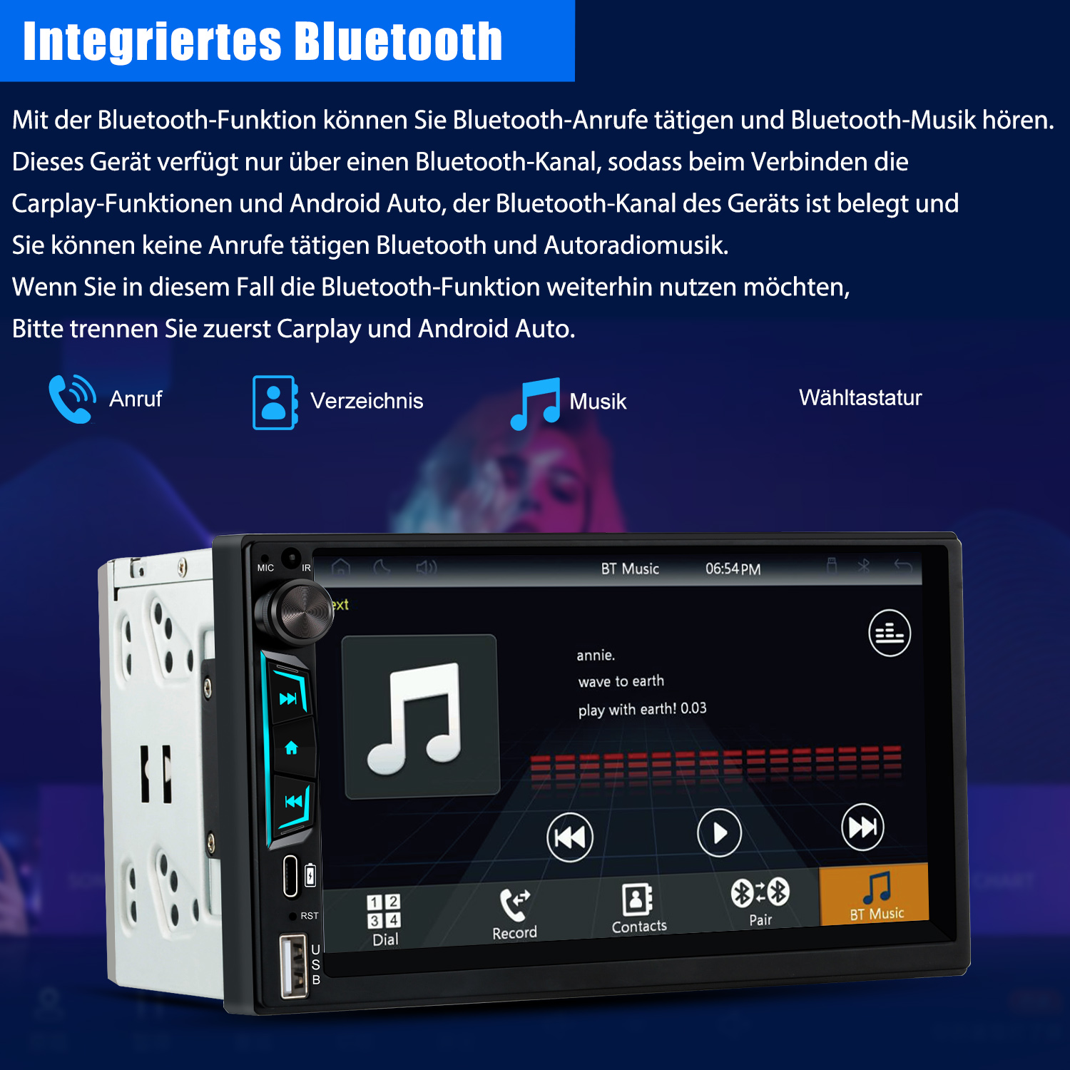 Autoradio mit Bildschirm, der Musik, Tasten und Bluetooth-Funktionen anzeigt. Enthält Symbole für Anrufe, Musik und Kontakte.