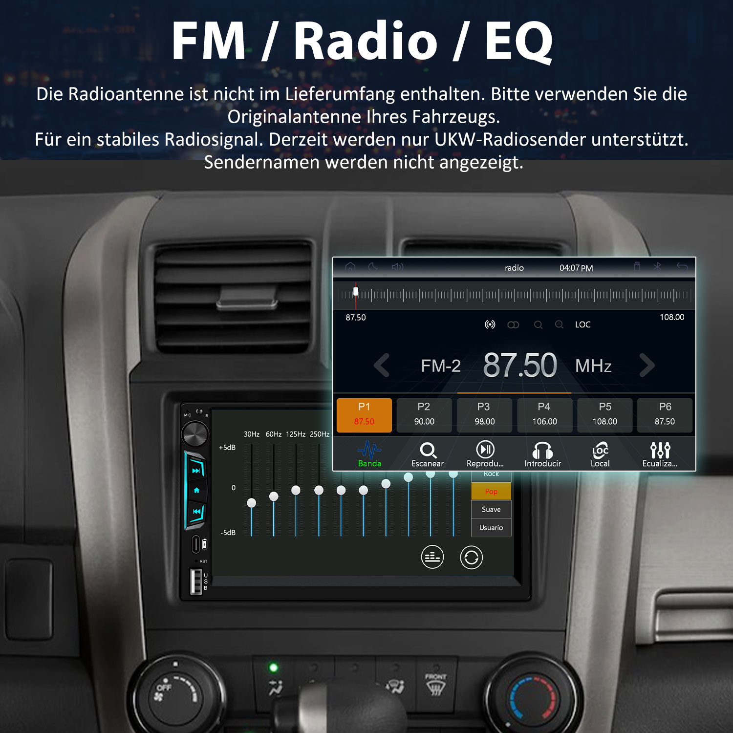 Autoradio-Bildschirm zeigt FM-Radio-Informationen an. Tasten und Schieberegler sind zur Steuerung sichtbar. Der Bildschirm zeigt die Frequenz.