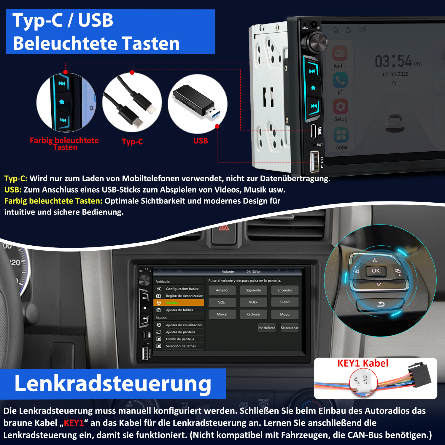 Bild zeigt Autoradio mit beleuchteten Tasten, USB- und Typ-C-Anschlüssen, Diagramm der Lenkradsteuerung und Textbeschreibungen.